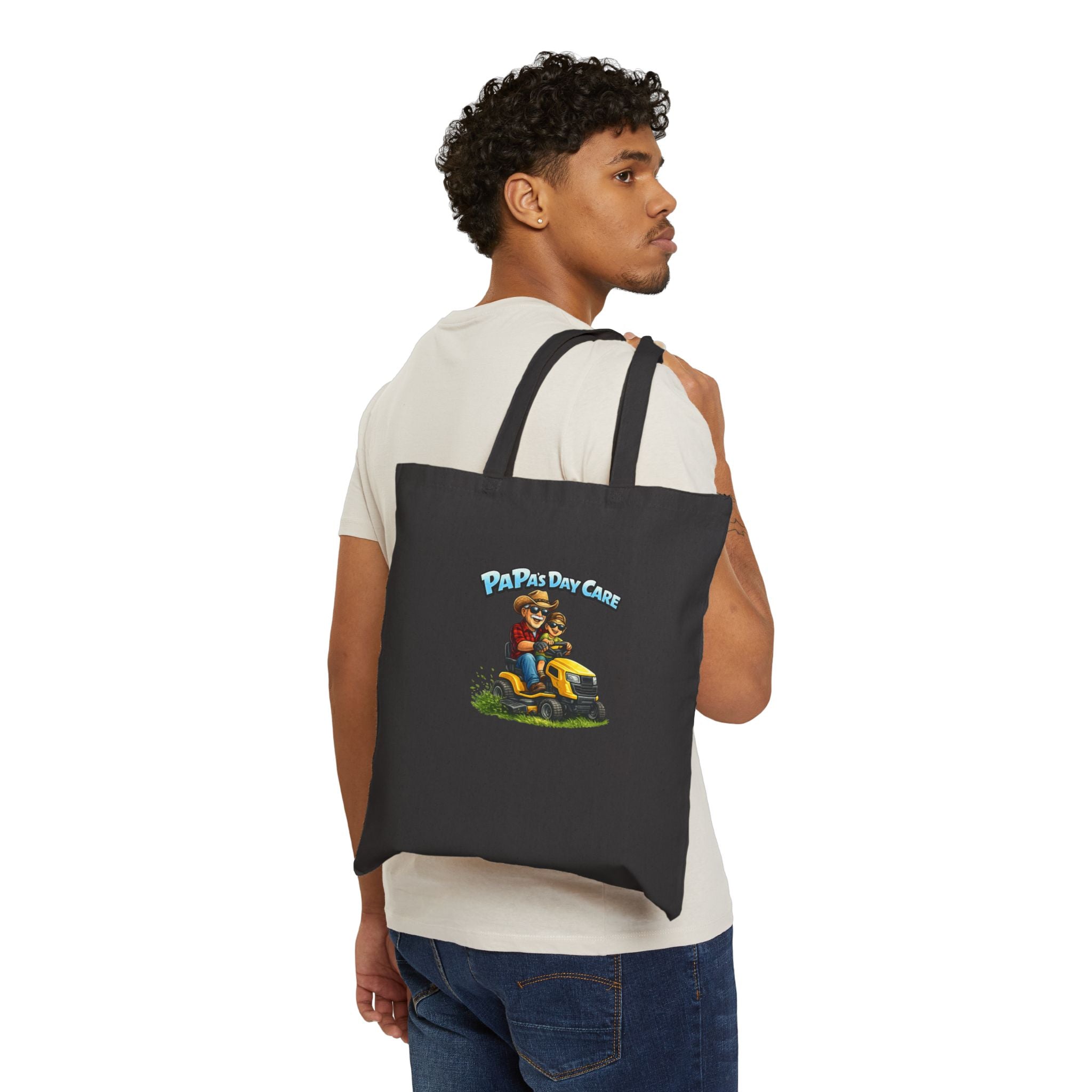 Tote Bag — "Papa's Daycare" Funny Dad Riding Lawn Mower Cotton Canvas Tote