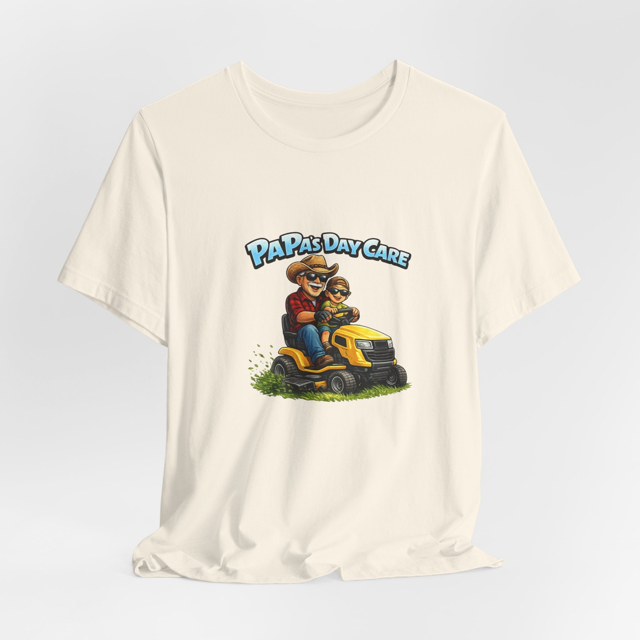 Papa's Daycare Lawn Mower T-Shirt — Funny Dad & Kid Riding Tee
