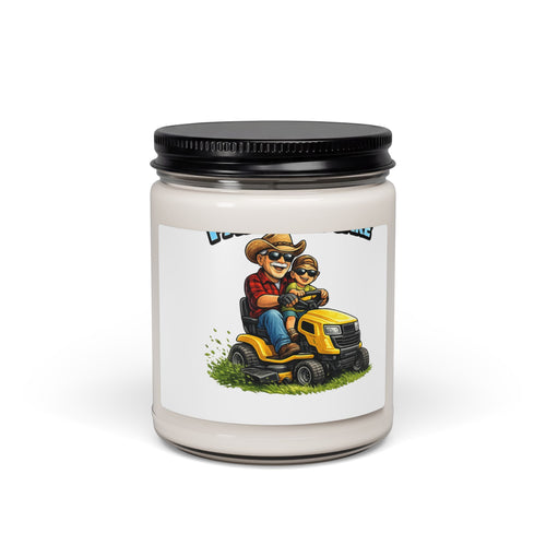 9oz Scented Soy Candle — Dad & Kid Riding Lawn Mower, Rustic Outdoor Fragrance