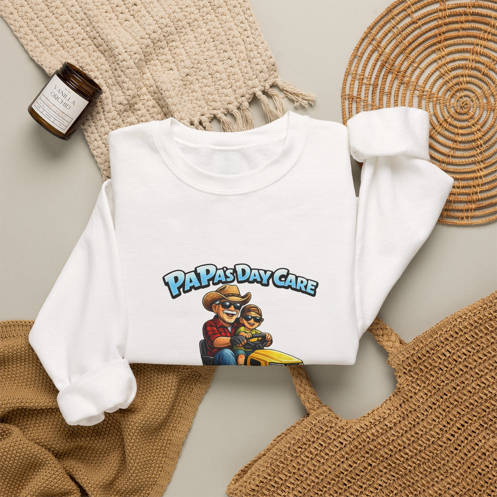 Crewneck Sweatshirt — "Papa's Daycare" Lawn Mower Dad Design, Father's Day Gift