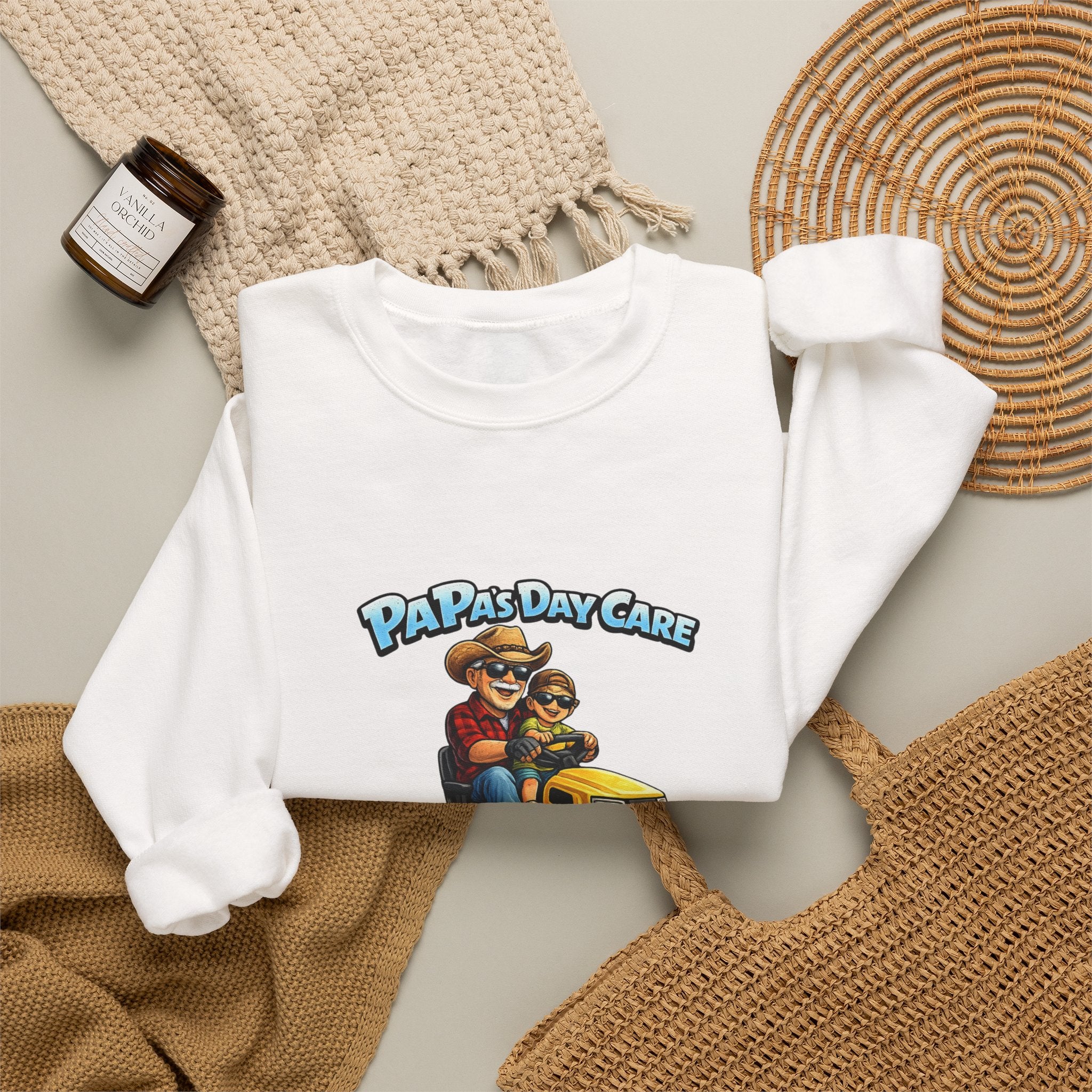 Crewneck Sweatshirt — "Papa's Daycare" Lawn Mower Dad Design, Father's Day Gift