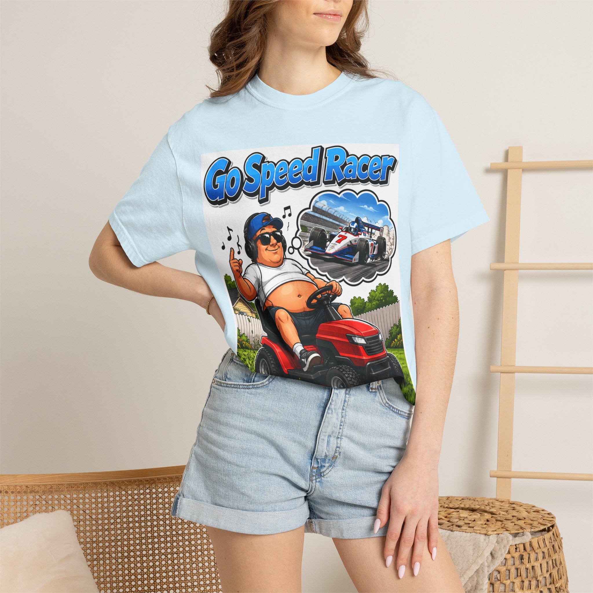 Go Speed Racer Lawn Mower T‑Shirt — Funny Riding Mower Graphic Tee