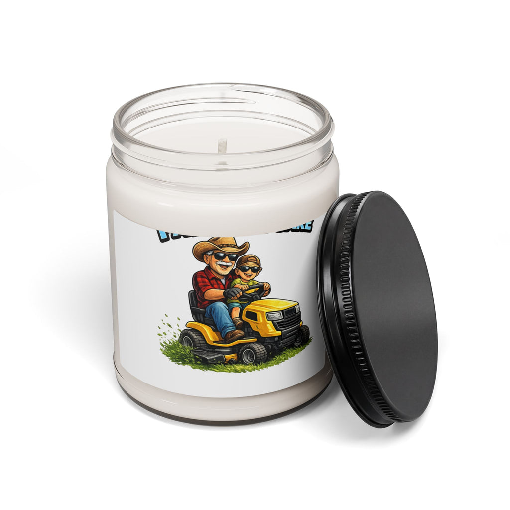 9oz Scented Soy Candle — Dad & Kid Riding Lawn Mower, Rustic Outdoor Fragrance