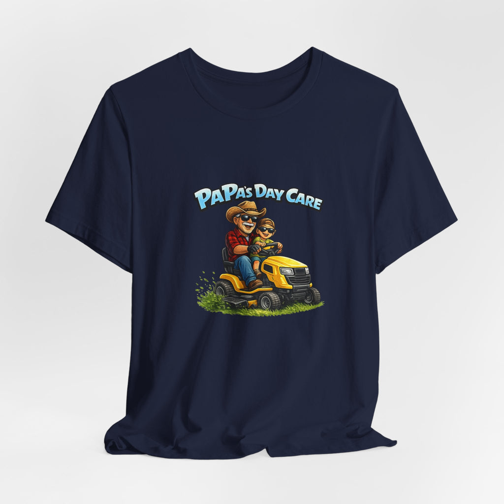 Papa's Daycare Lawn Mower T-Shirt — Funny Dad & Kid Riding Tee