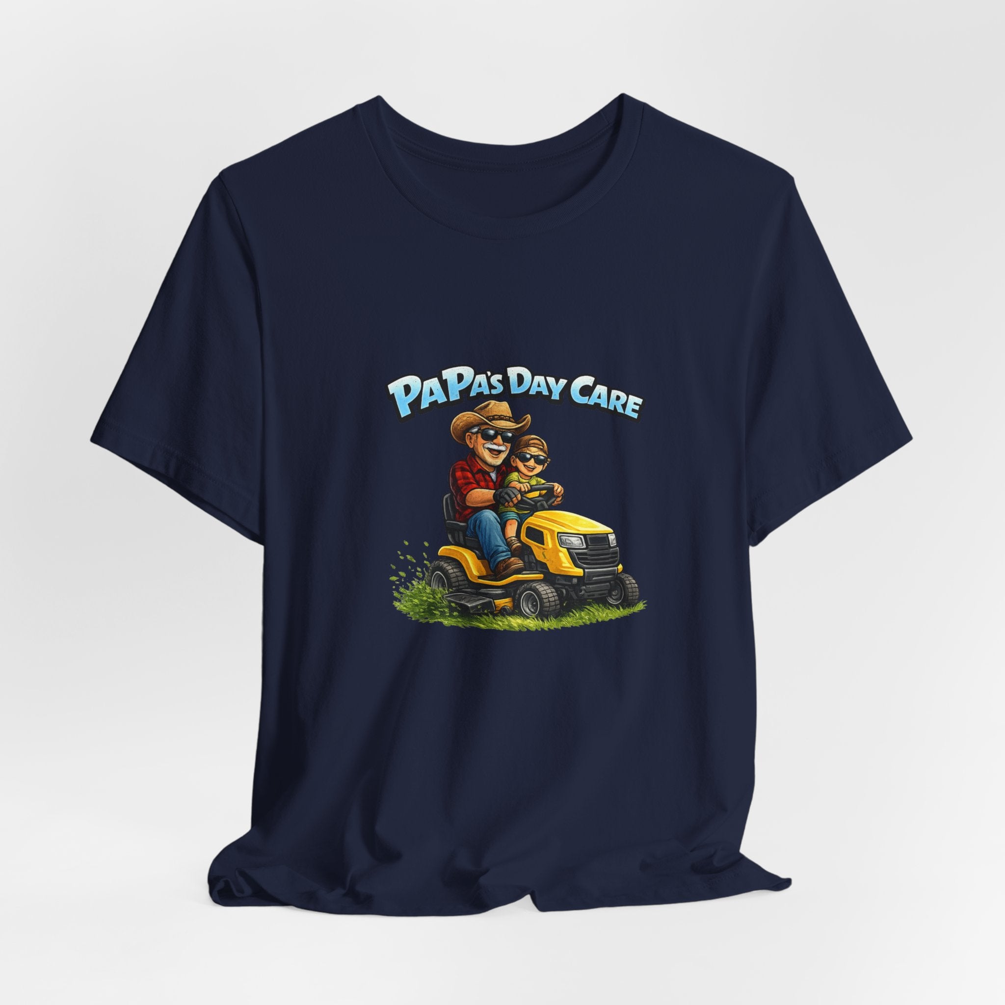 Papa's Daycare Lawn Mower T-Shirt — Funny Dad & Kid Riding Tee