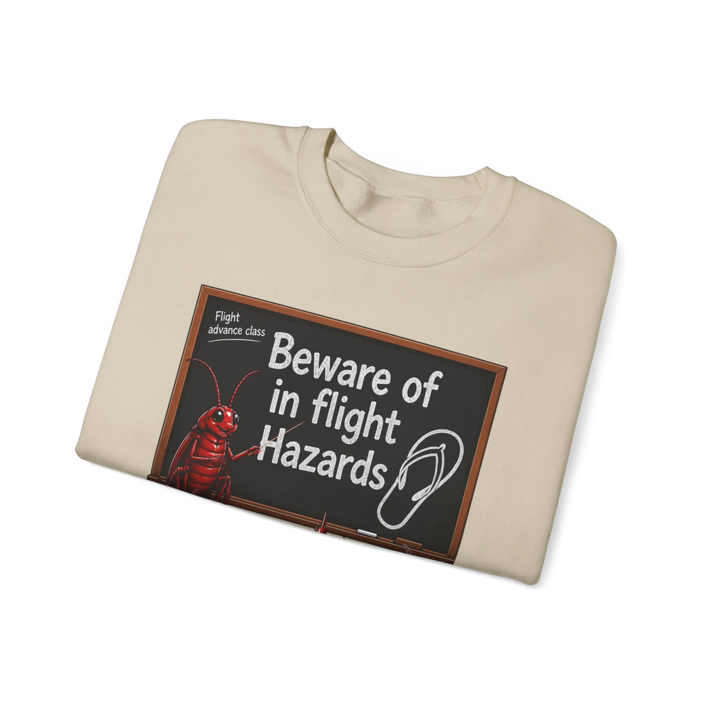 Crewneck Sweatshirt – "Beware of in Flight Hazards" Vintage Cockroach Classroom Design