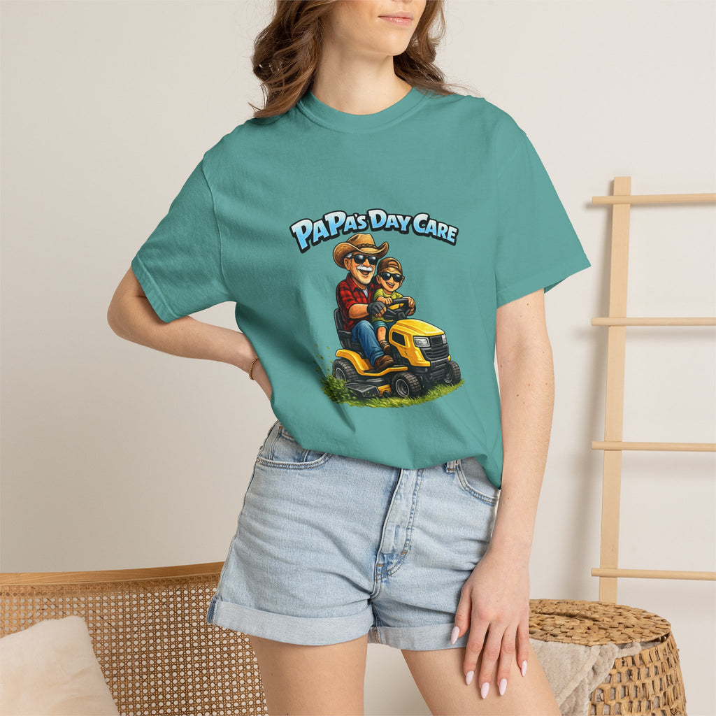Papa's Day Care T-Shirt — Dad & Kid Riding Lawn Mower Father’s Day Tee