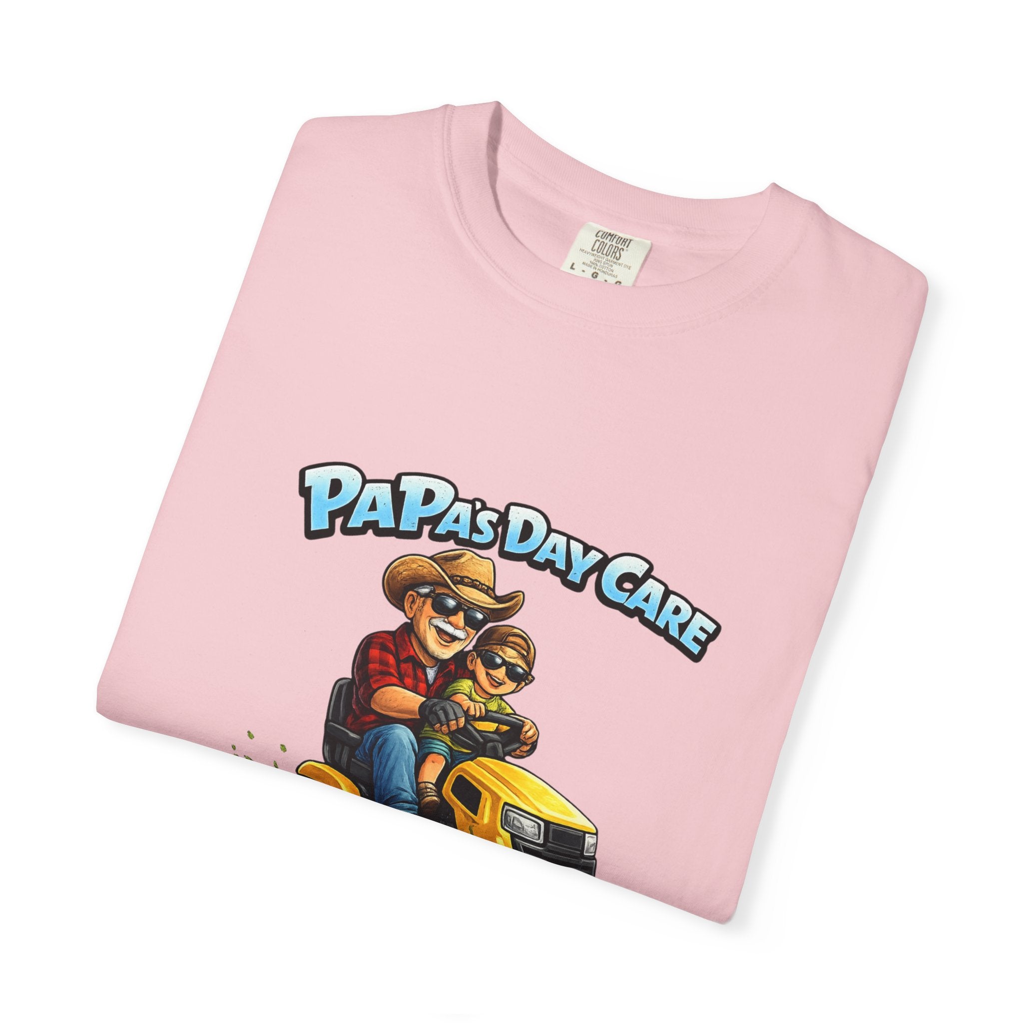 Papa's Day Care T-Shirt — Dad & Kid Riding Lawn Mower Father’s Day Tee