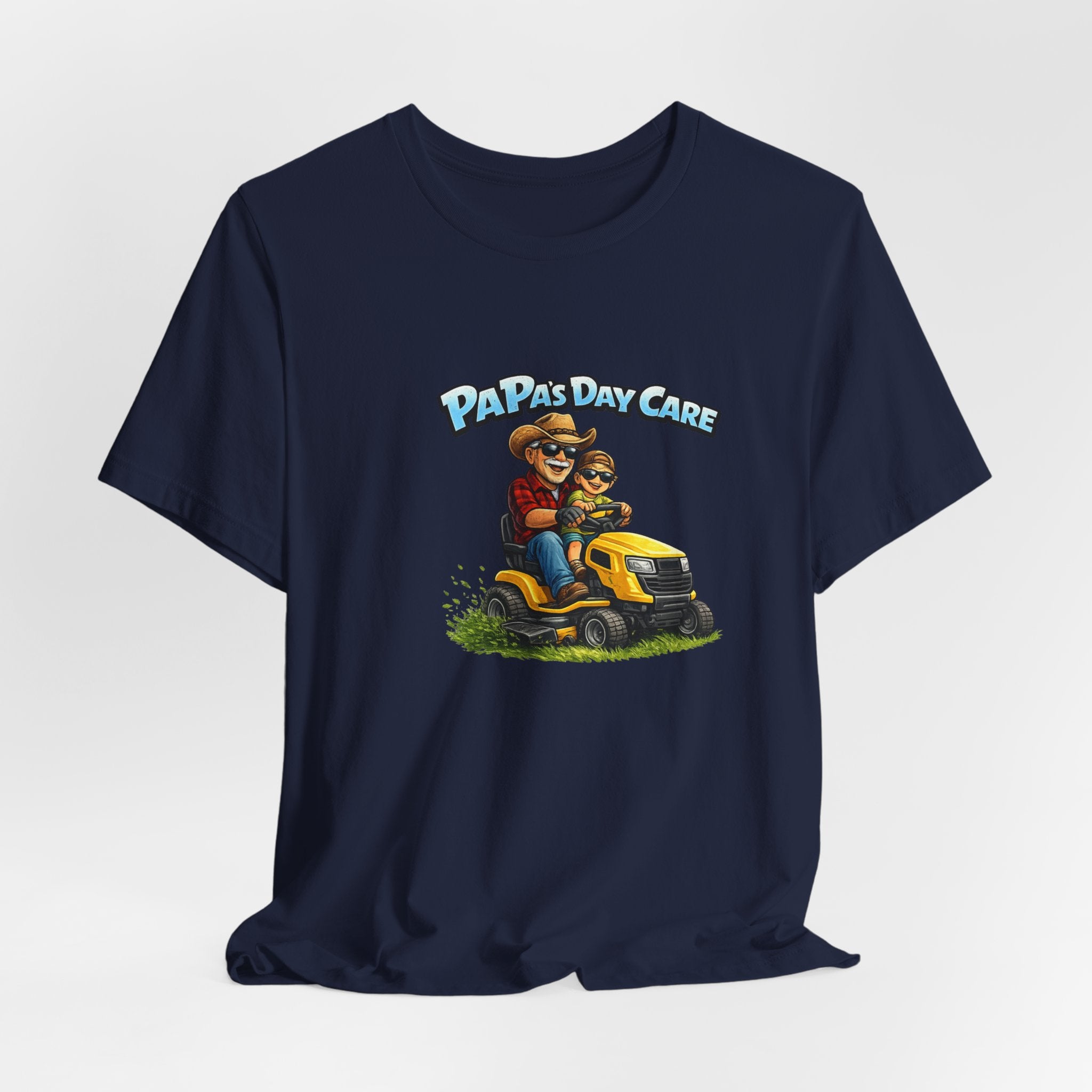 Papa’s Day Care Lawn Mower Tee — Funny Father & Kid Riding Graphic T-Shirt