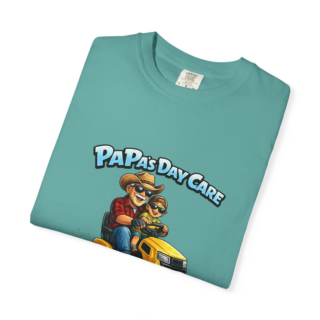 Papa's Day Care T-Shirt — Dad & Kid Riding Lawn Mower Father’s Day Tee
