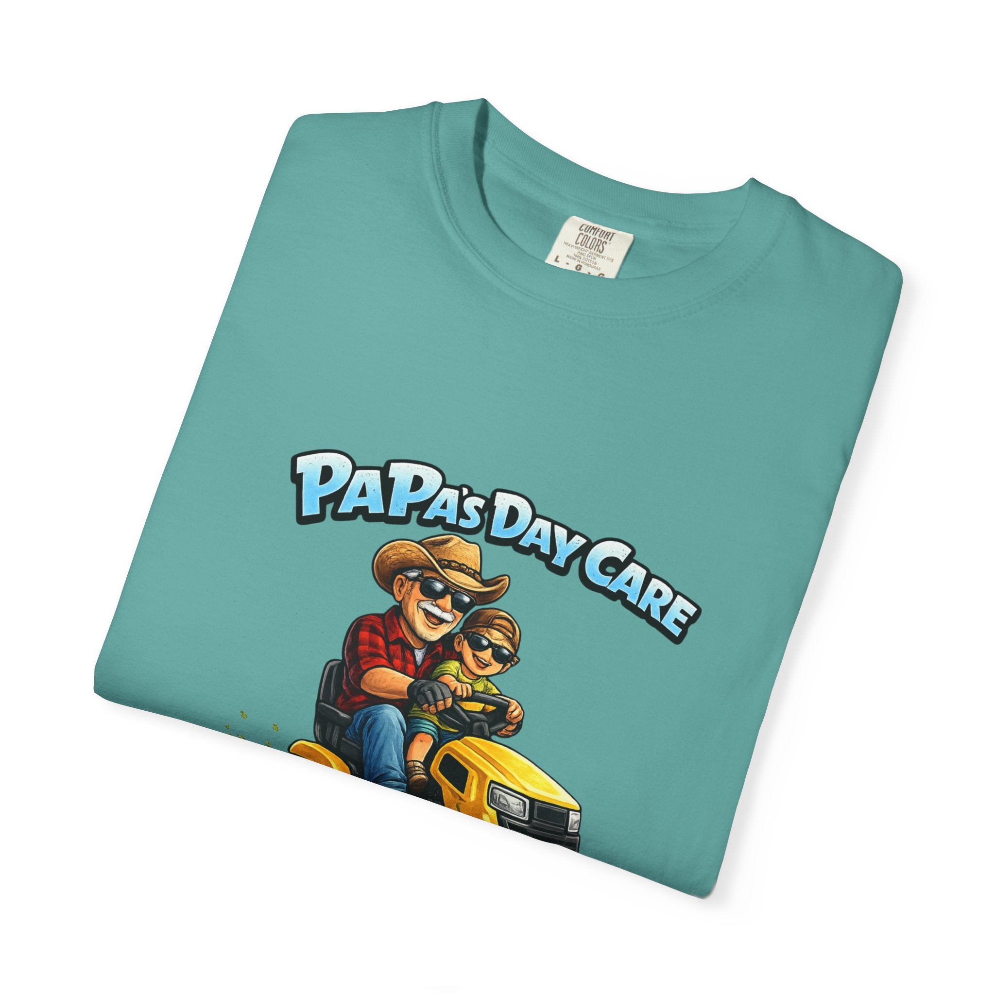 Papa's Day Care T-Shirt — Dad & Kid Riding Lawn Mower Father’s Day Tee