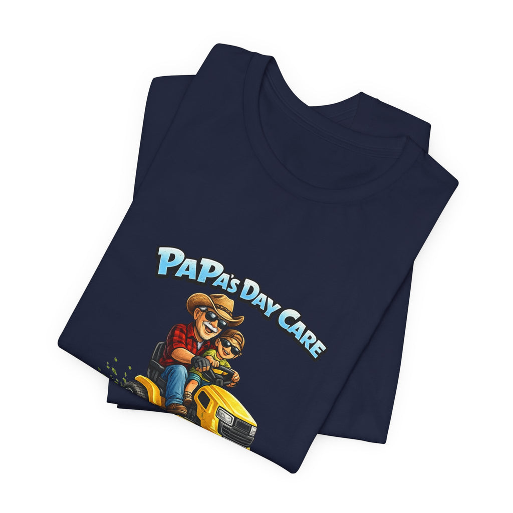 Papa's Daycare Lawn Mower T-Shirt — Funny Dad & Kid Riding Tee