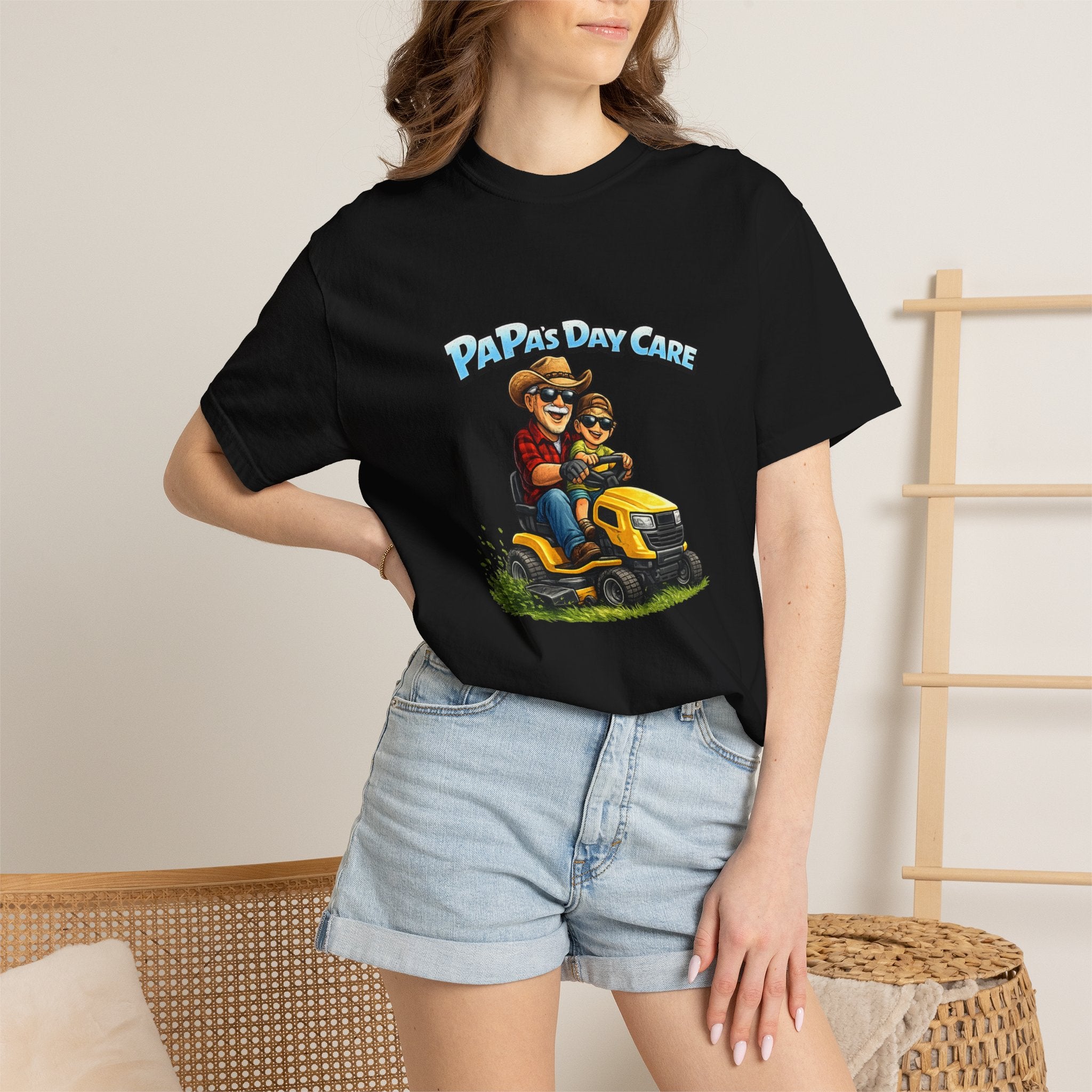 Papa's Day Care T-Shirt — Dad & Kid Riding Lawn Mower Father’s Day Tee