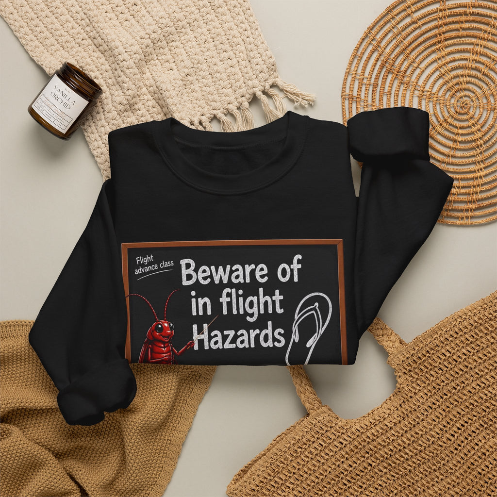 Crewneck Sweatshirt – "Beware of in Flight Hazards" Vintage Cockroach Classroom Design