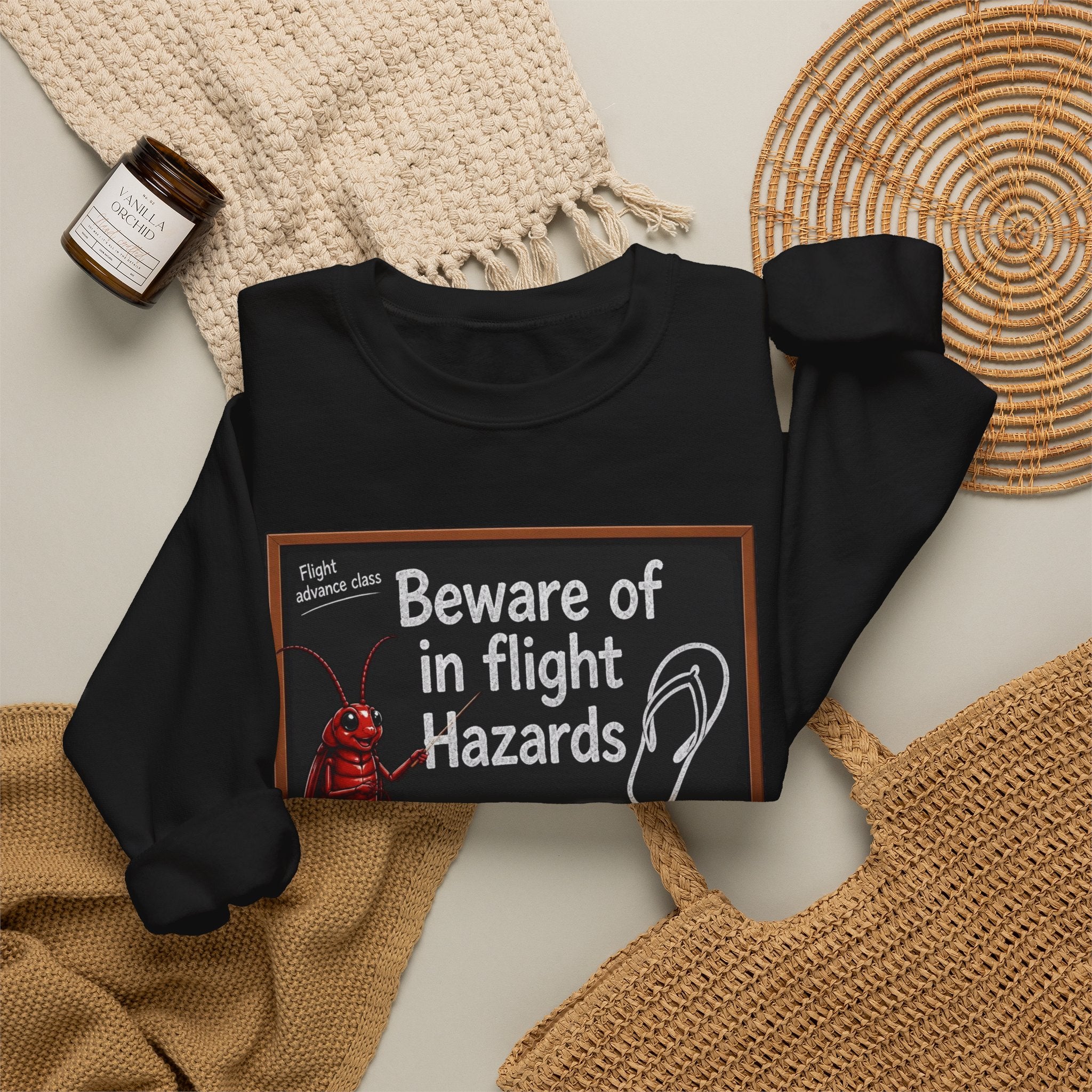 Crewneck Sweatshirt – "Beware of in Flight Hazards" Vintage Cockroach Classroom Design