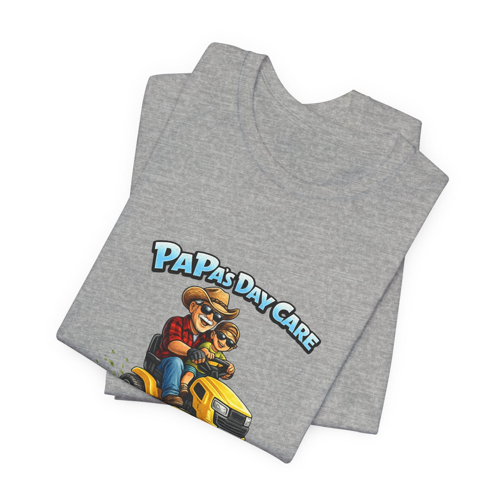 Papa's Daycare Lawn Mower T-Shirt — Funny Dad & Kid Riding Tee