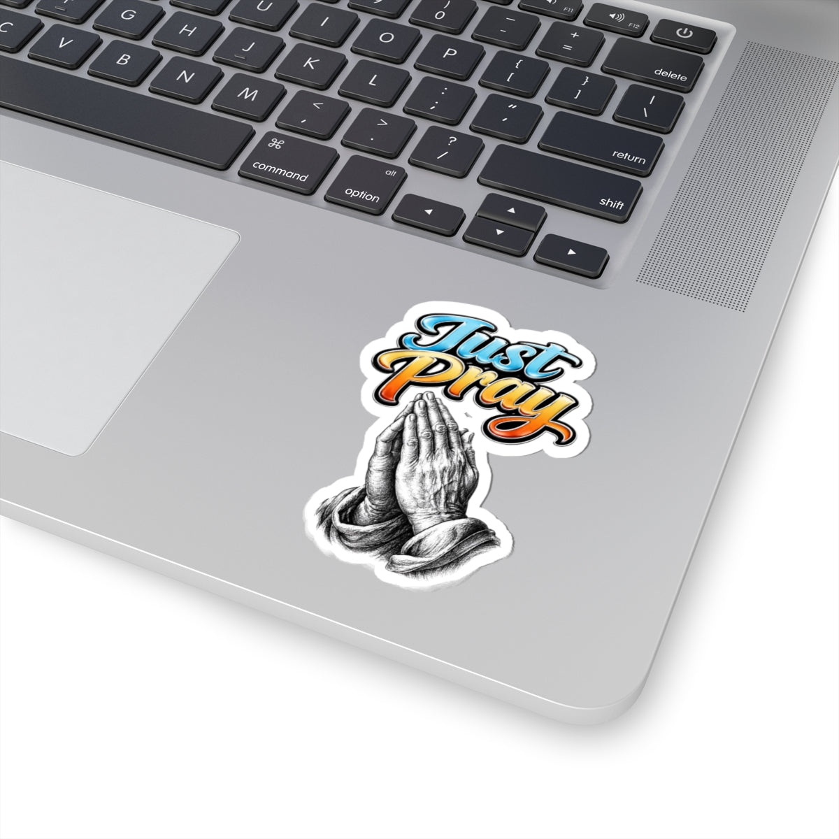 Just Pray Sticker — Retro Script with Praying Hands (Kiss-Cut Vinyl)