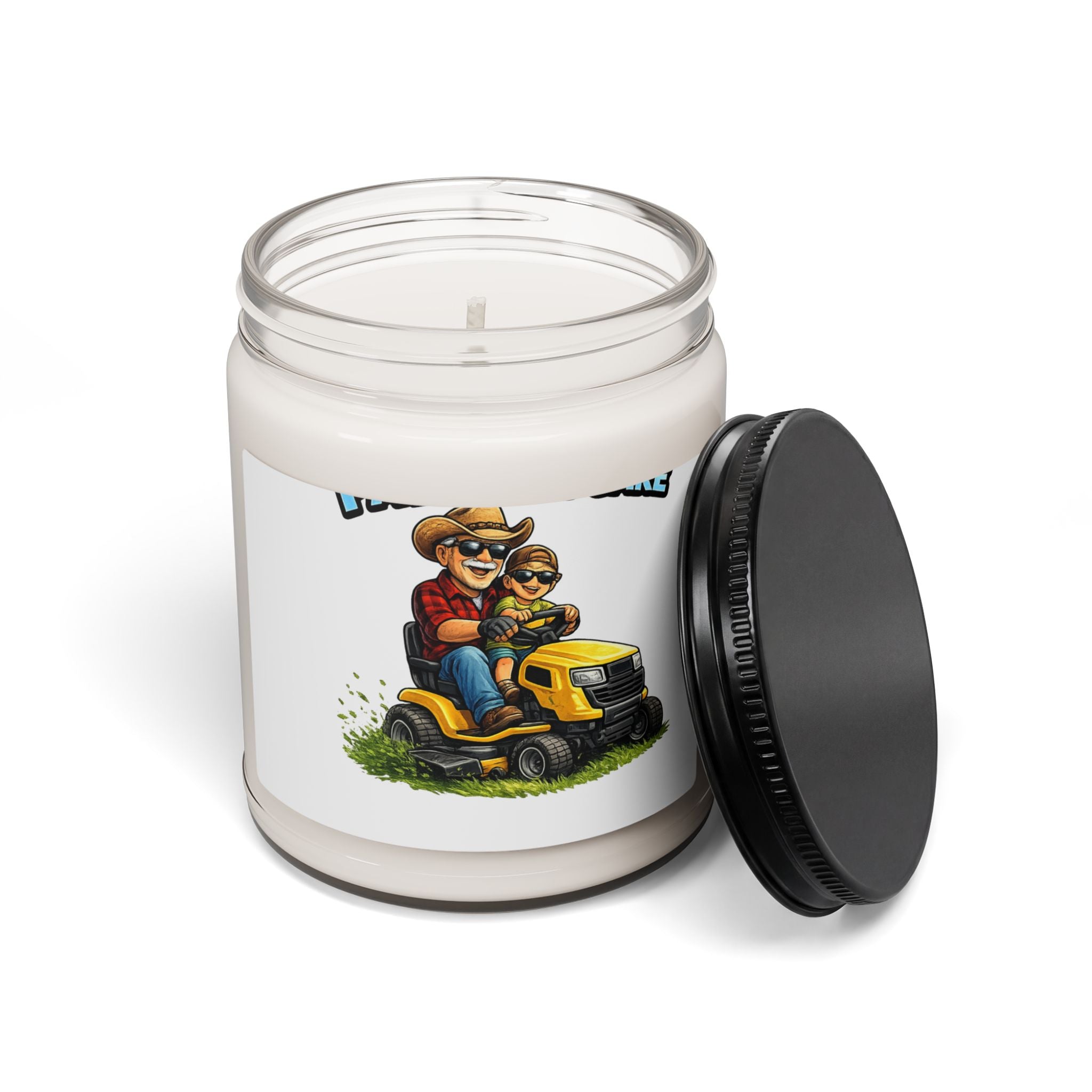 9oz Scented Soy Candle — Dad & Kid Riding Lawn Mower, Rustic Outdoor Fragrance