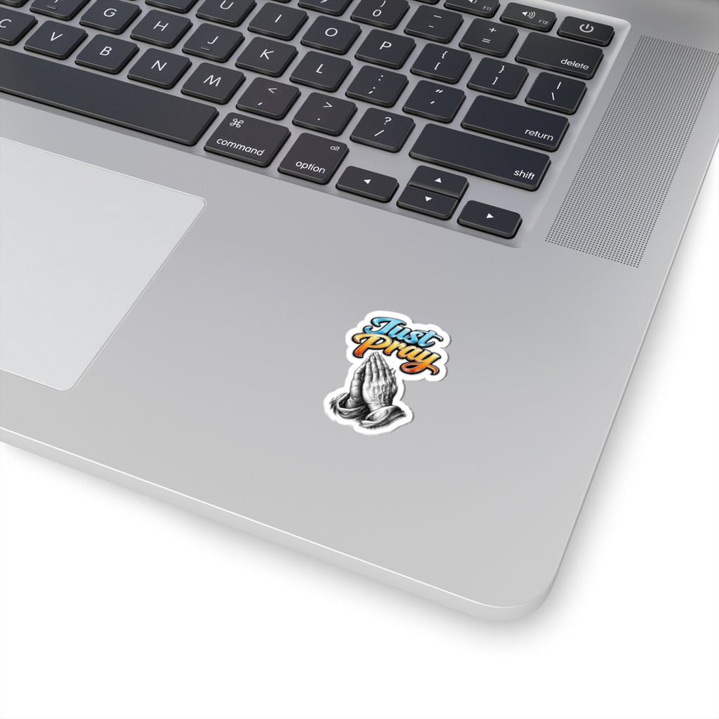 Just Pray Sticker — Retro Script with Praying Hands (Kiss-Cut Vinyl)