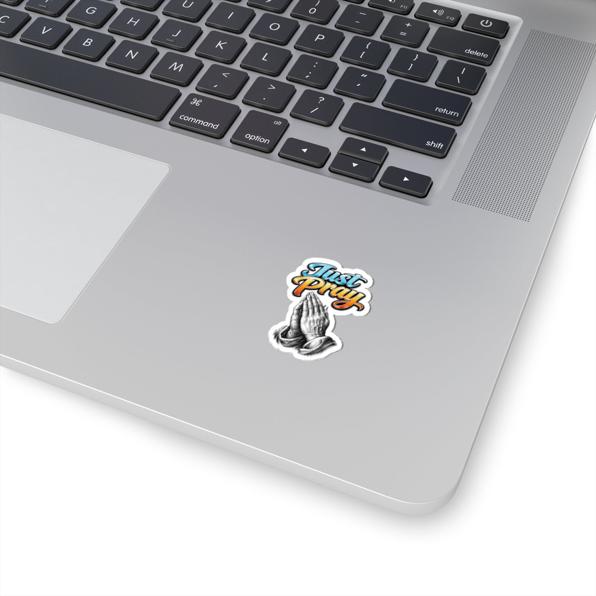 Just Pray Sticker — Retro Script with Praying Hands (Kiss-Cut Vinyl)