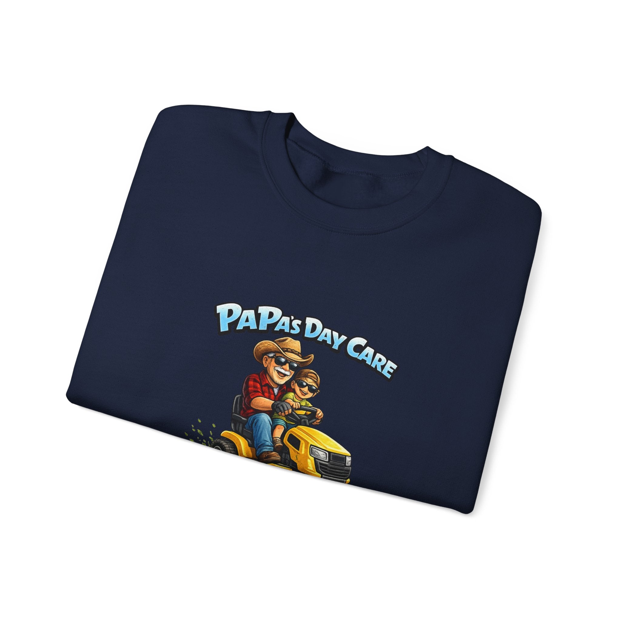 Crewneck Sweatshirt — "Papa's Daycare" Lawn Mower Dad Design, Father's Day Gift