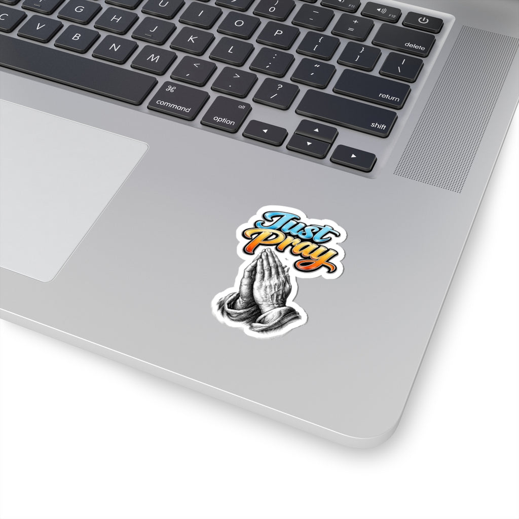 Just Pray Sticker — Retro Script with Praying Hands (Kiss-Cut Vinyl)
