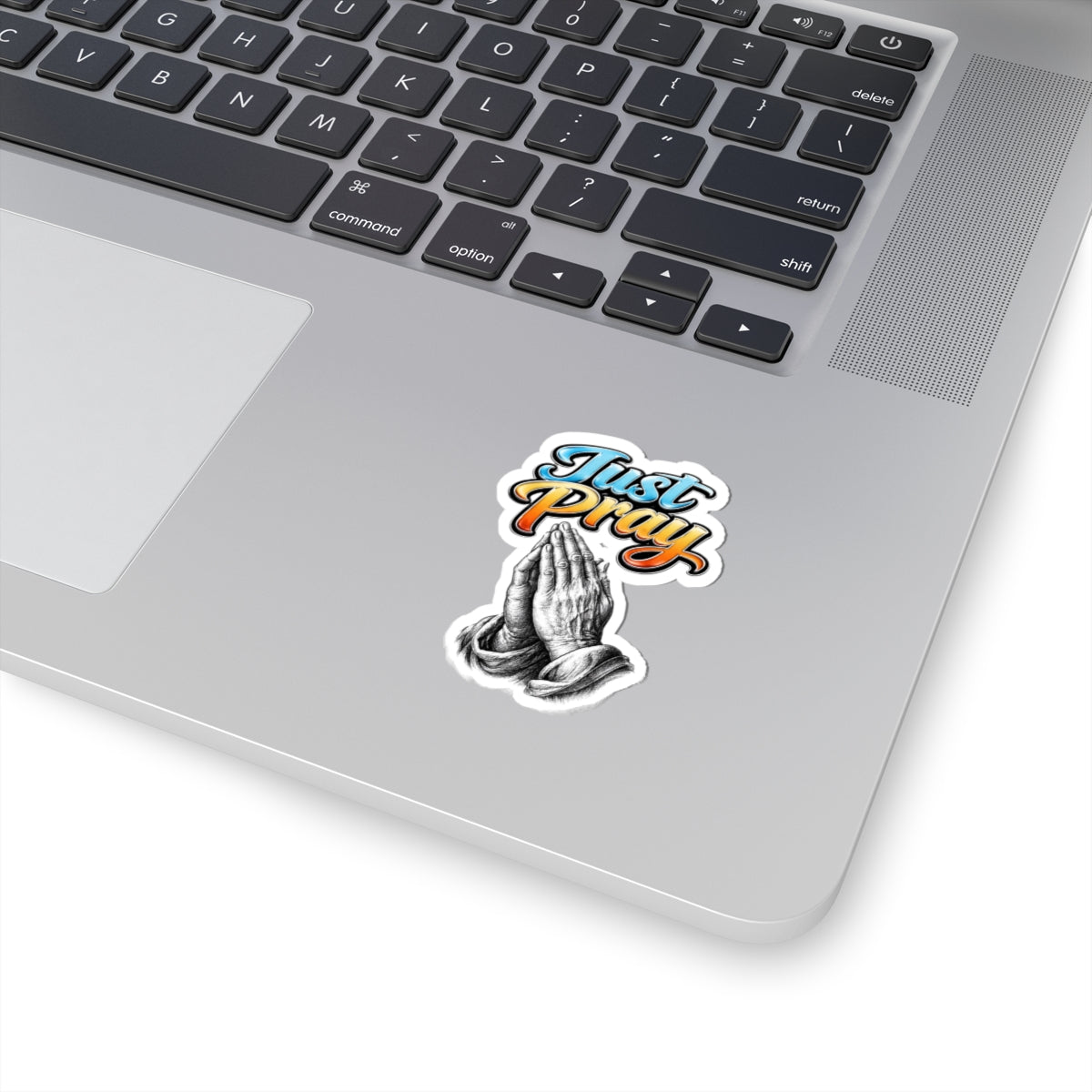 Just Pray Sticker — Retro Script with Praying Hands (Kiss-Cut Vinyl)