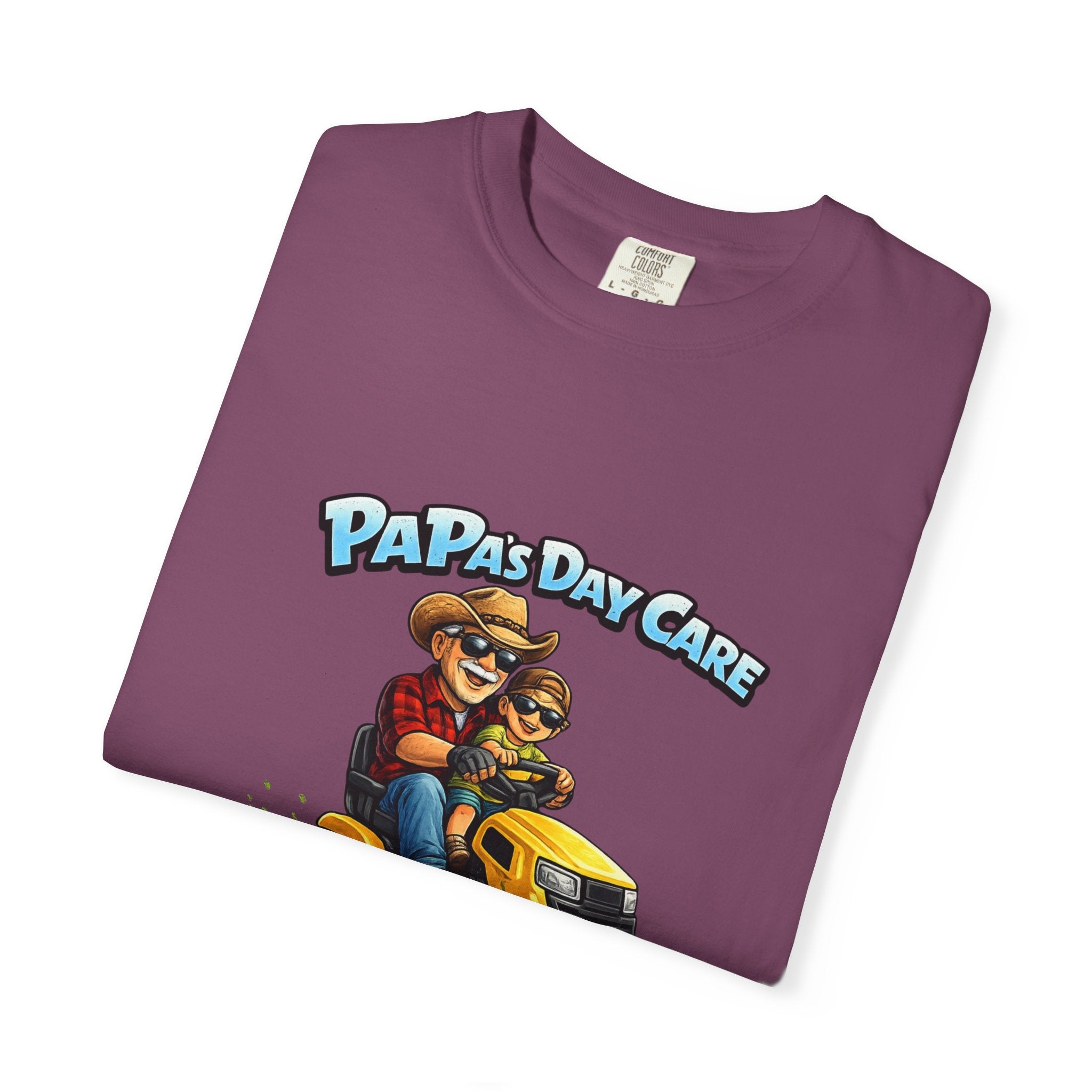 Papa's Day Care T-Shirt — Dad & Kid Riding Lawn Mower Father’s Day Tee