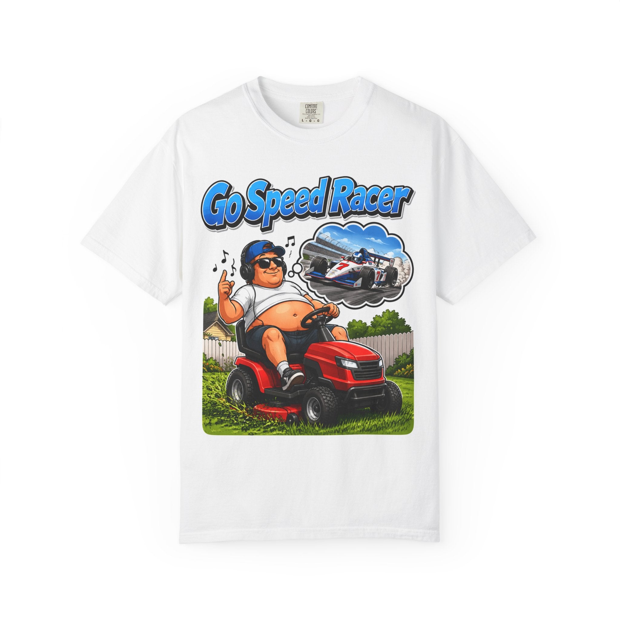 Go Speed Racer Lawn Mower T‑Shirt — Funny Riding Mower Graphic Tee
