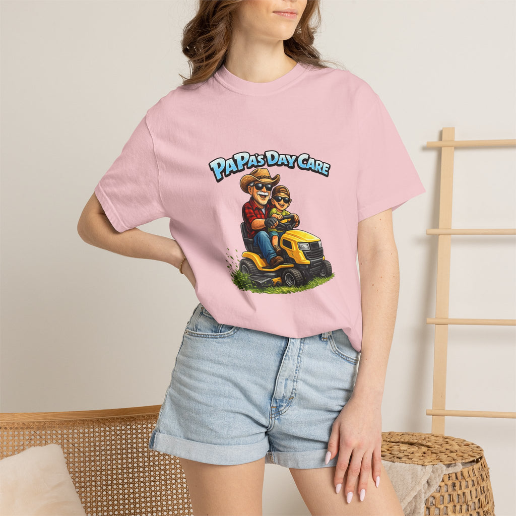 Papa's Day Care T-Shirt — Dad & Kid Riding Lawn Mower Father’s Day Tee