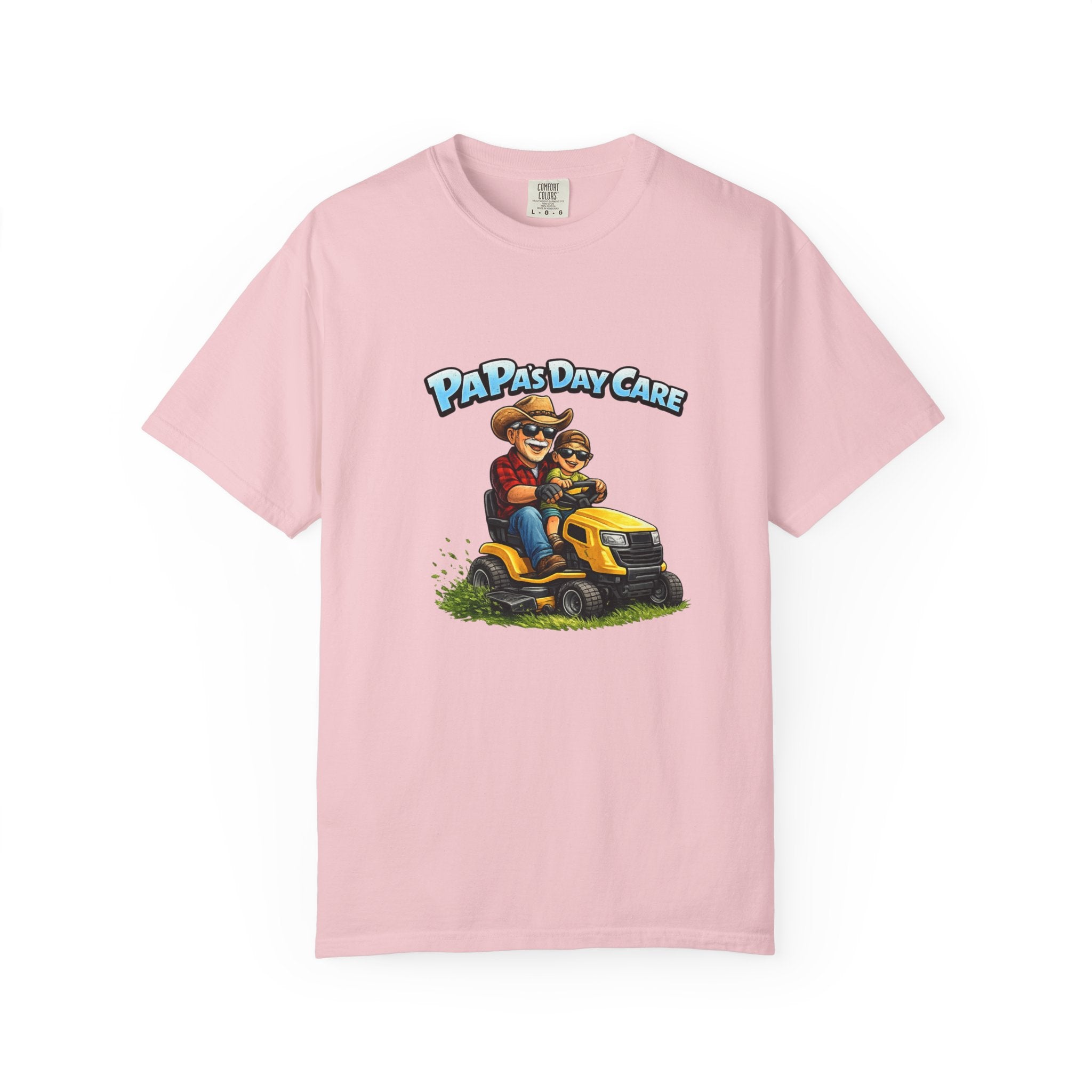 Papa's Day Care T-Shirt — Dad & Kid Riding Lawn Mower Father’s Day Tee