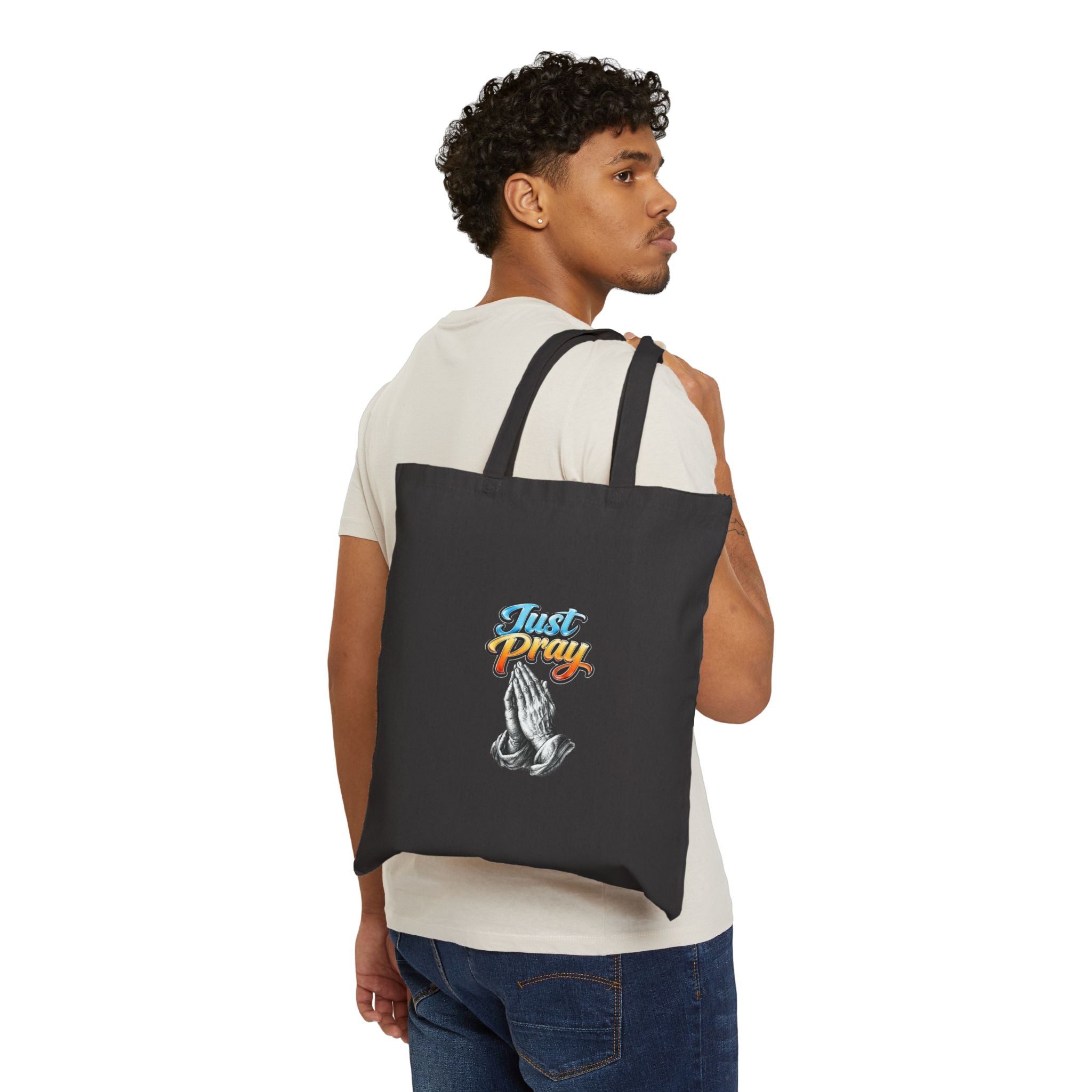 Praying Hands Tote Bag — "Just Pray" Cotton Canvas Religious Tote