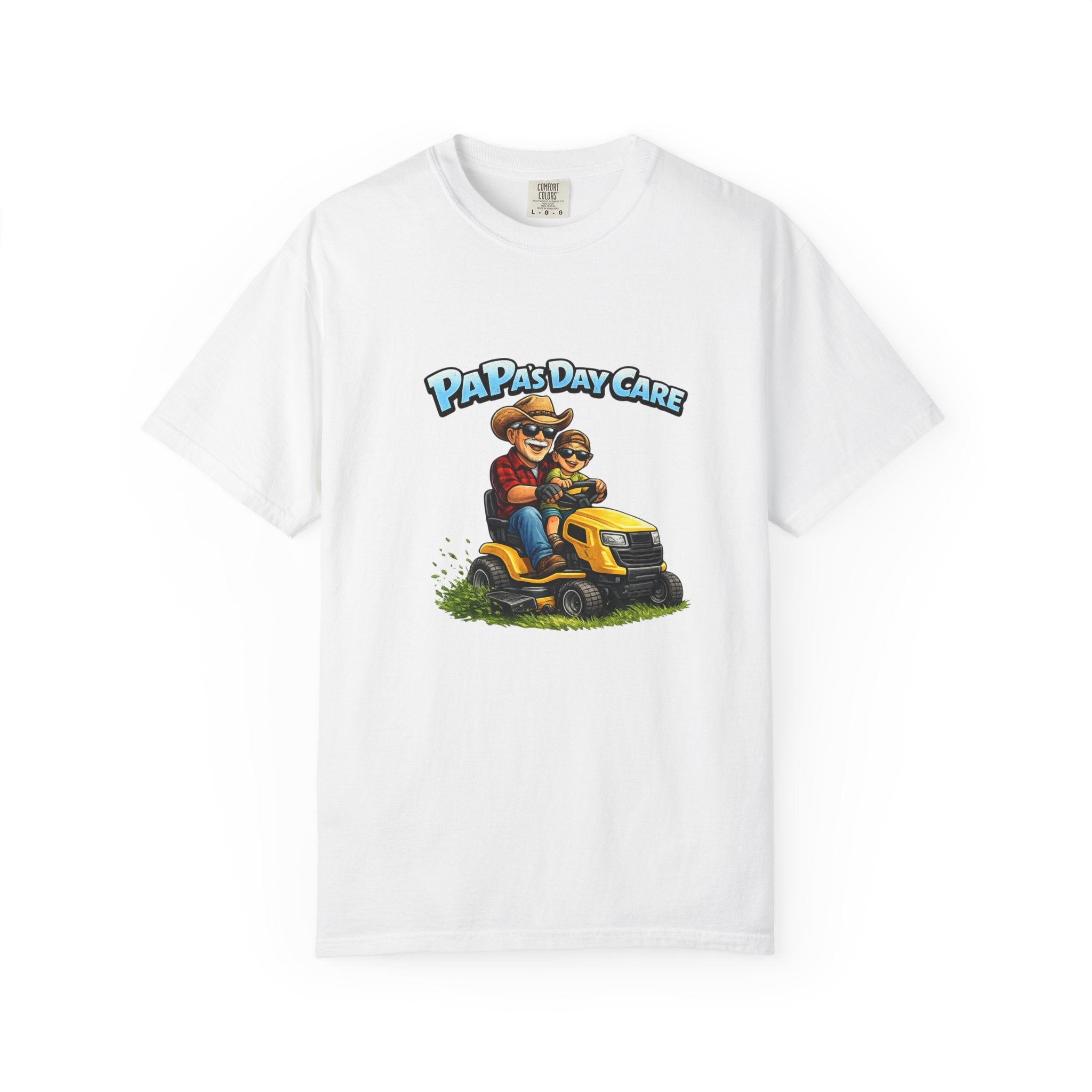 Papa's Day Care T-Shirt — Dad & Kid Riding Lawn Mower Father’s Day Tee