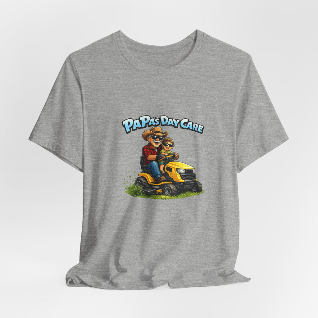 Papa's Daycare Lawn Mower T-Shirt — Funny Dad & Kid Riding Tee