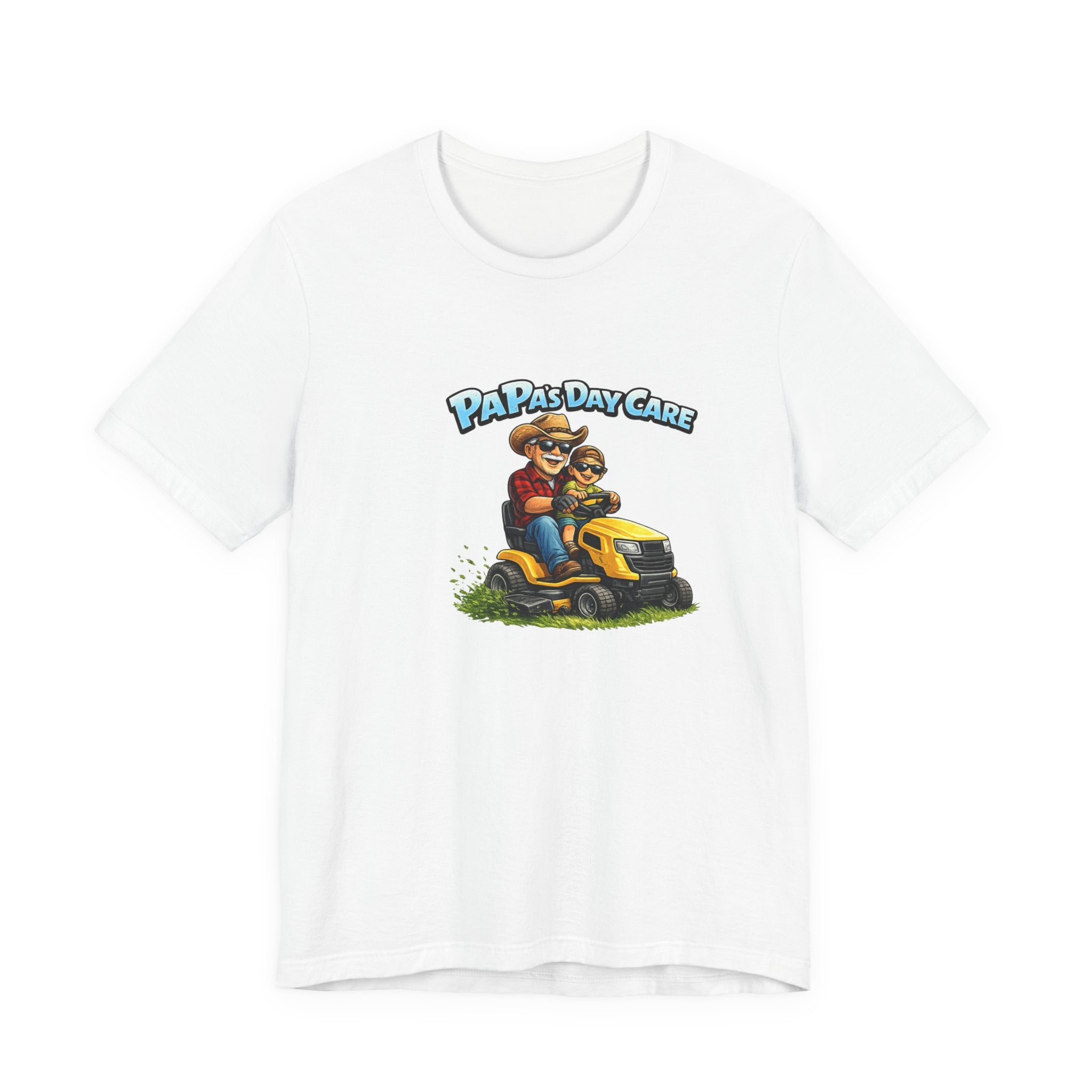 Papa’s Day Care Lawn Mower Tee — Funny Father & Kid Riding Graphic T-Shirt