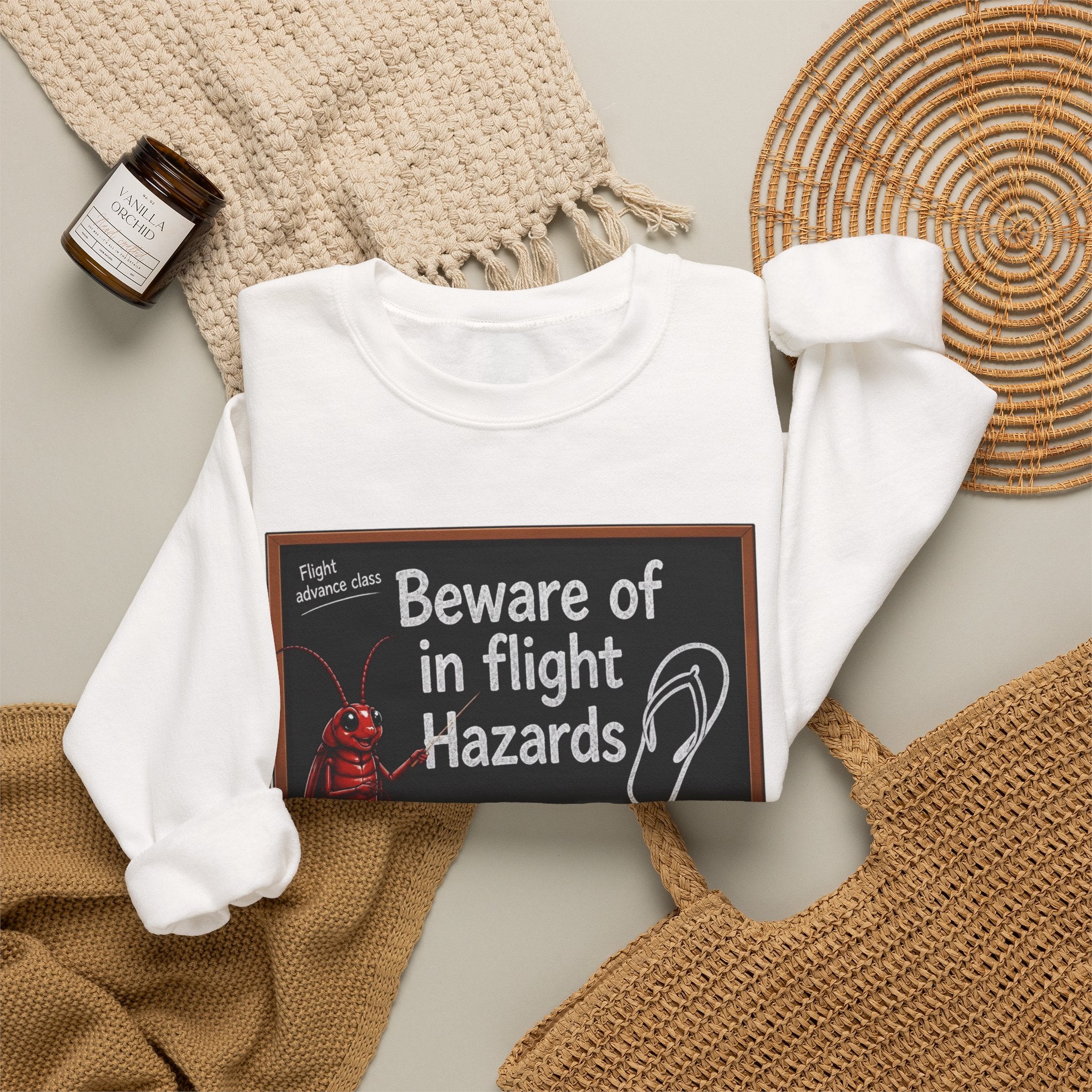 Crewneck Sweatshirt – "Beware of in Flight Hazards" Vintage Cockroach Classroom Design