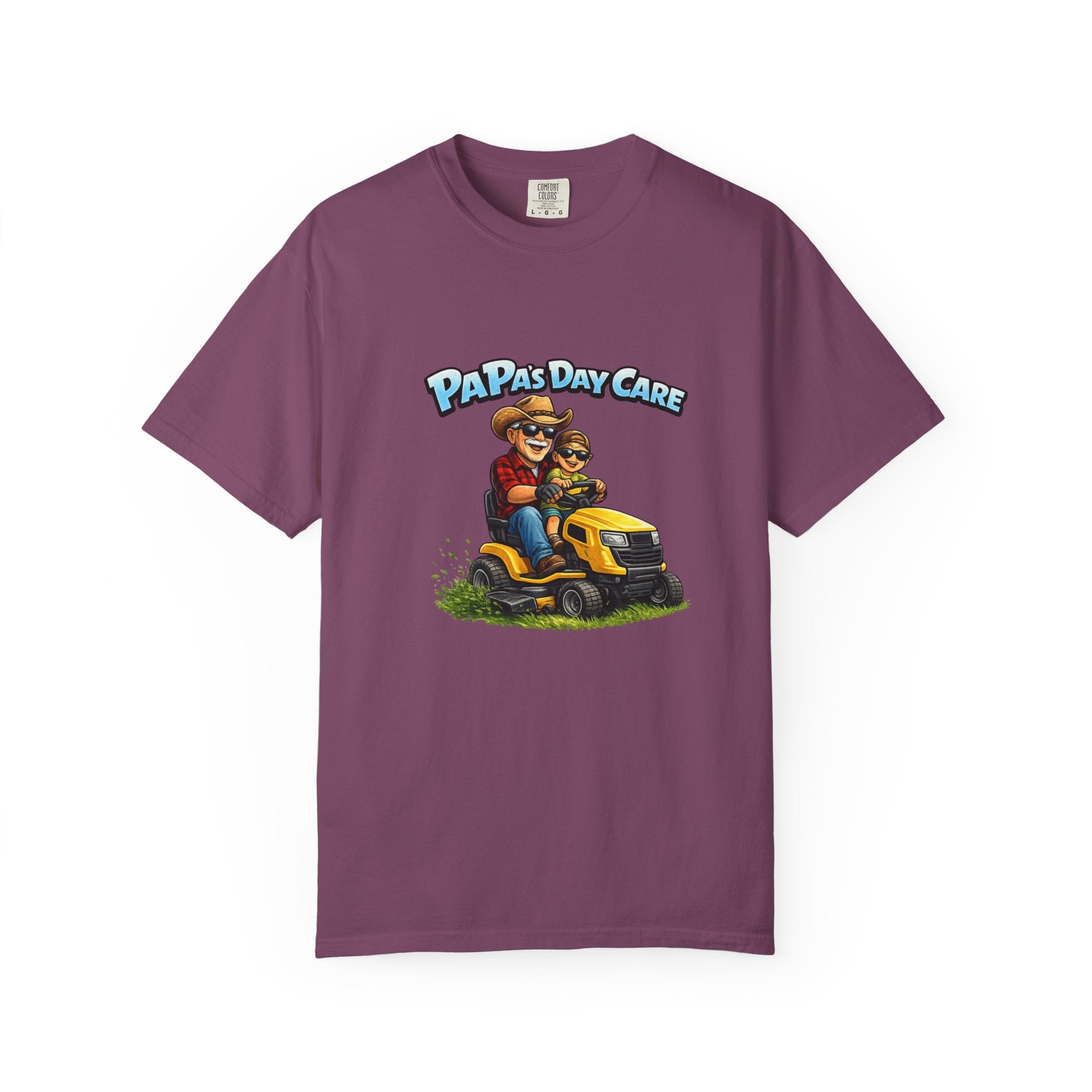Papa's Day Care T-Shirt — Dad & Kid Riding Lawn Mower Father’s Day Tee