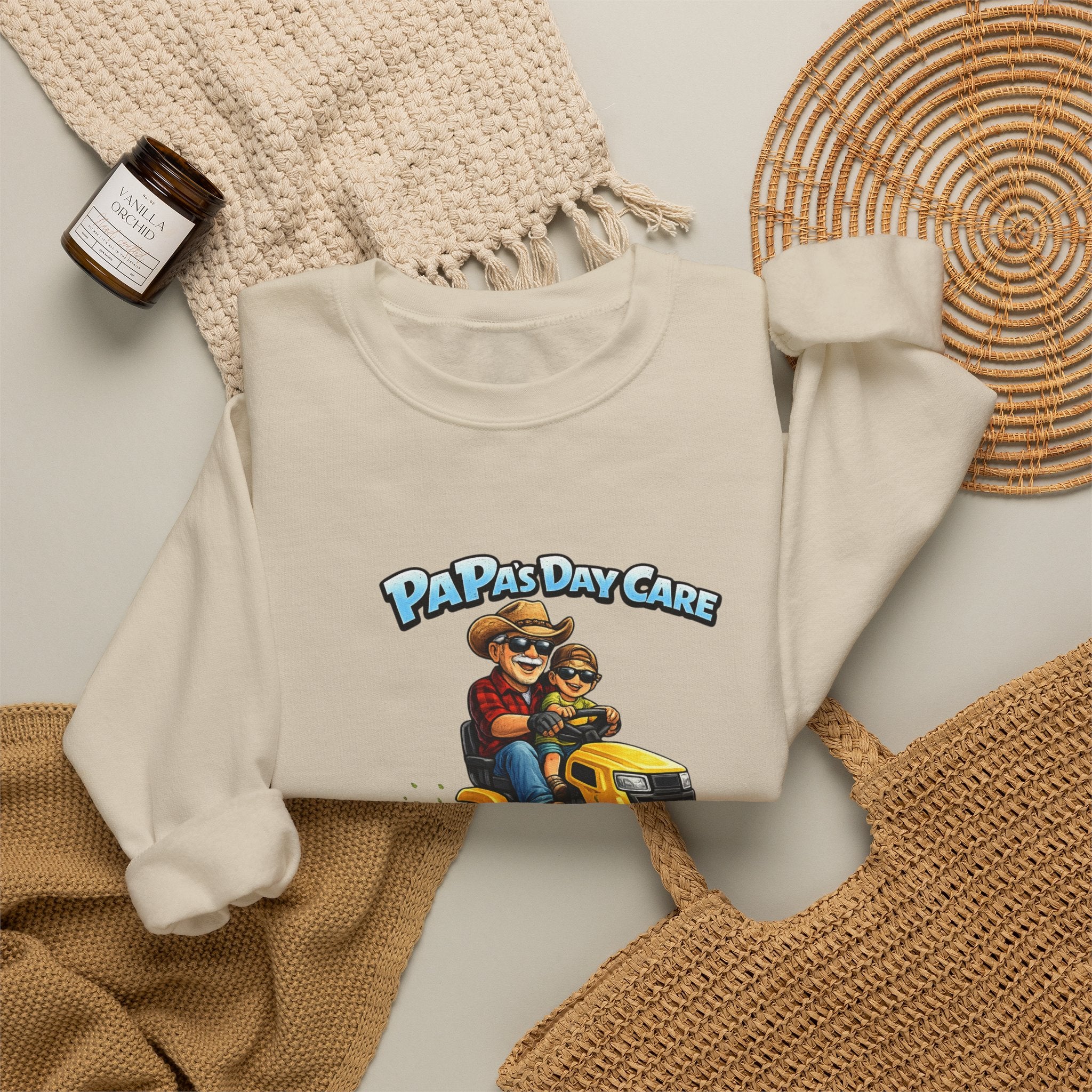 Papa's Day Care Crewneck Sweatshirt – Funny Lawn Mower Dad Graphic