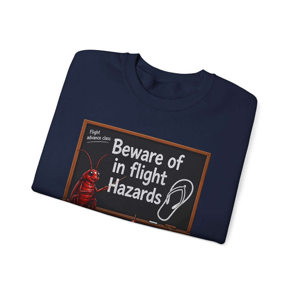 Crewneck Sweatshirt – "Beware of in Flight Hazards" Vintage Cockroach Classroom Design