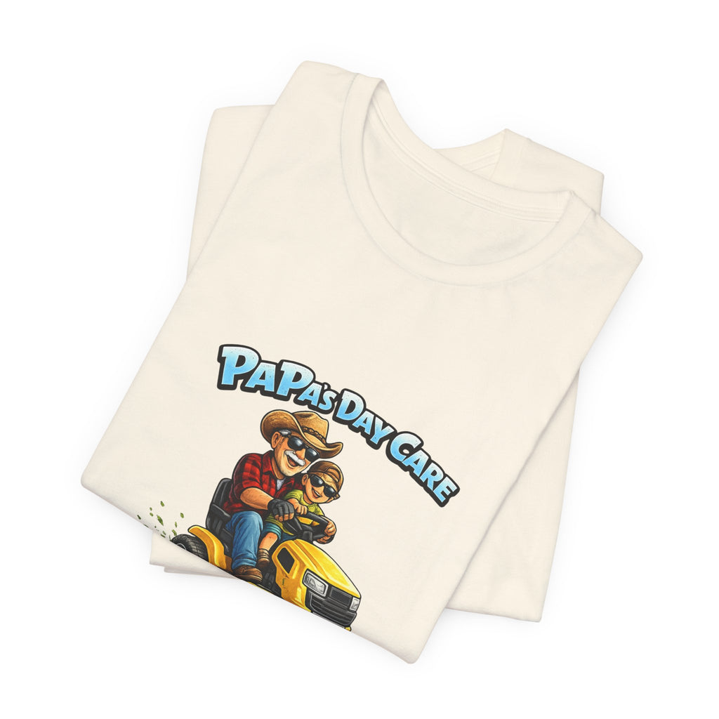 Papa's Daycare Lawn Mower T-Shirt — Funny Dad & Kid Riding Tee