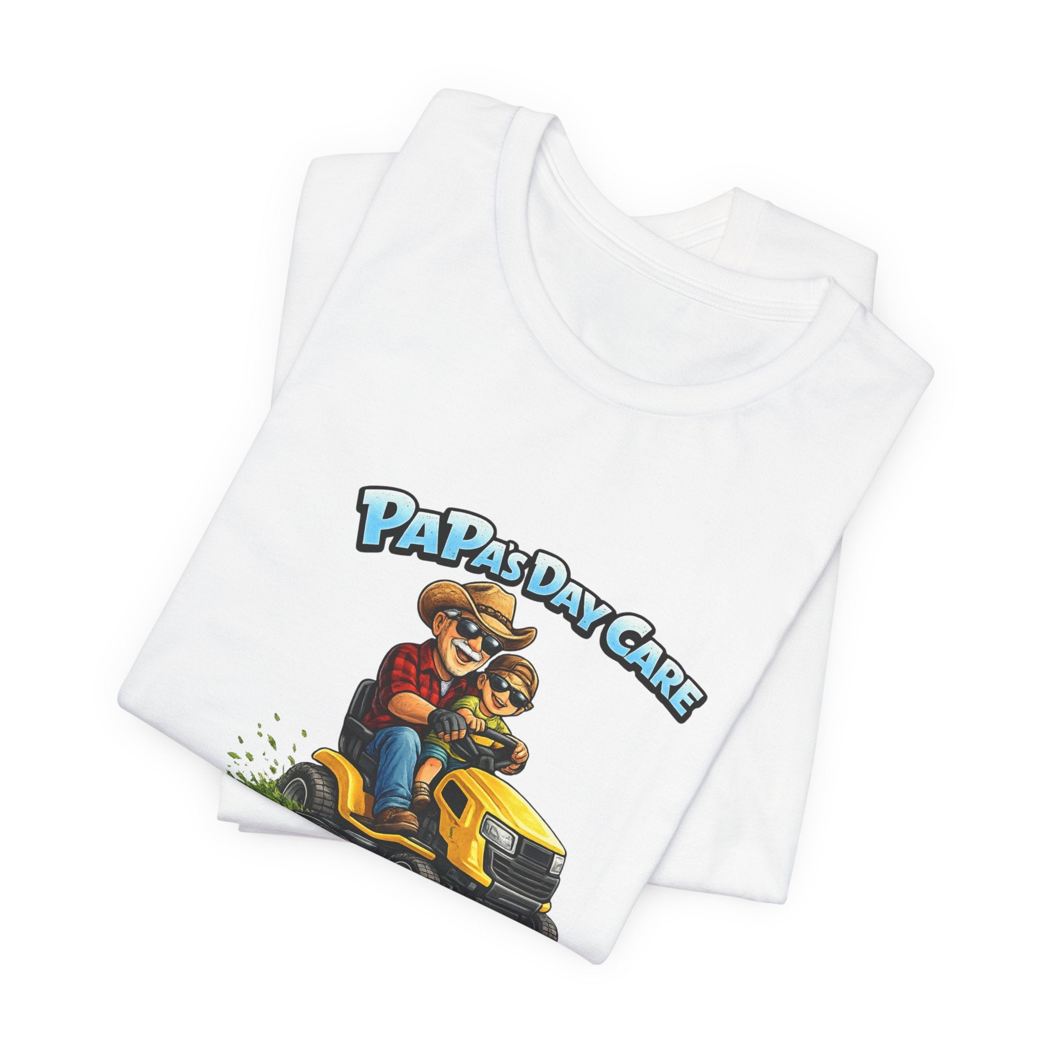 Papa’s Day Care Lawn Mower Tee — Funny Father & Kid Riding Graphic T-Shirt