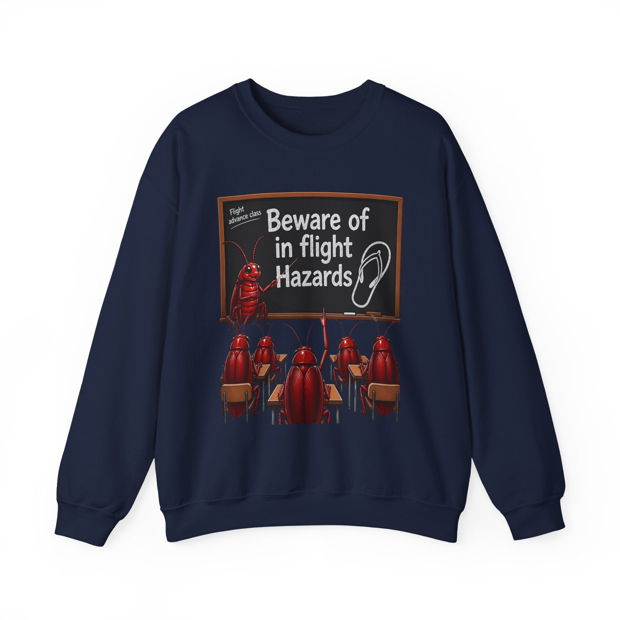 Crewneck Sweatshirt – "Beware of in Flight Hazards" Vintage Cockroach Classroom Design