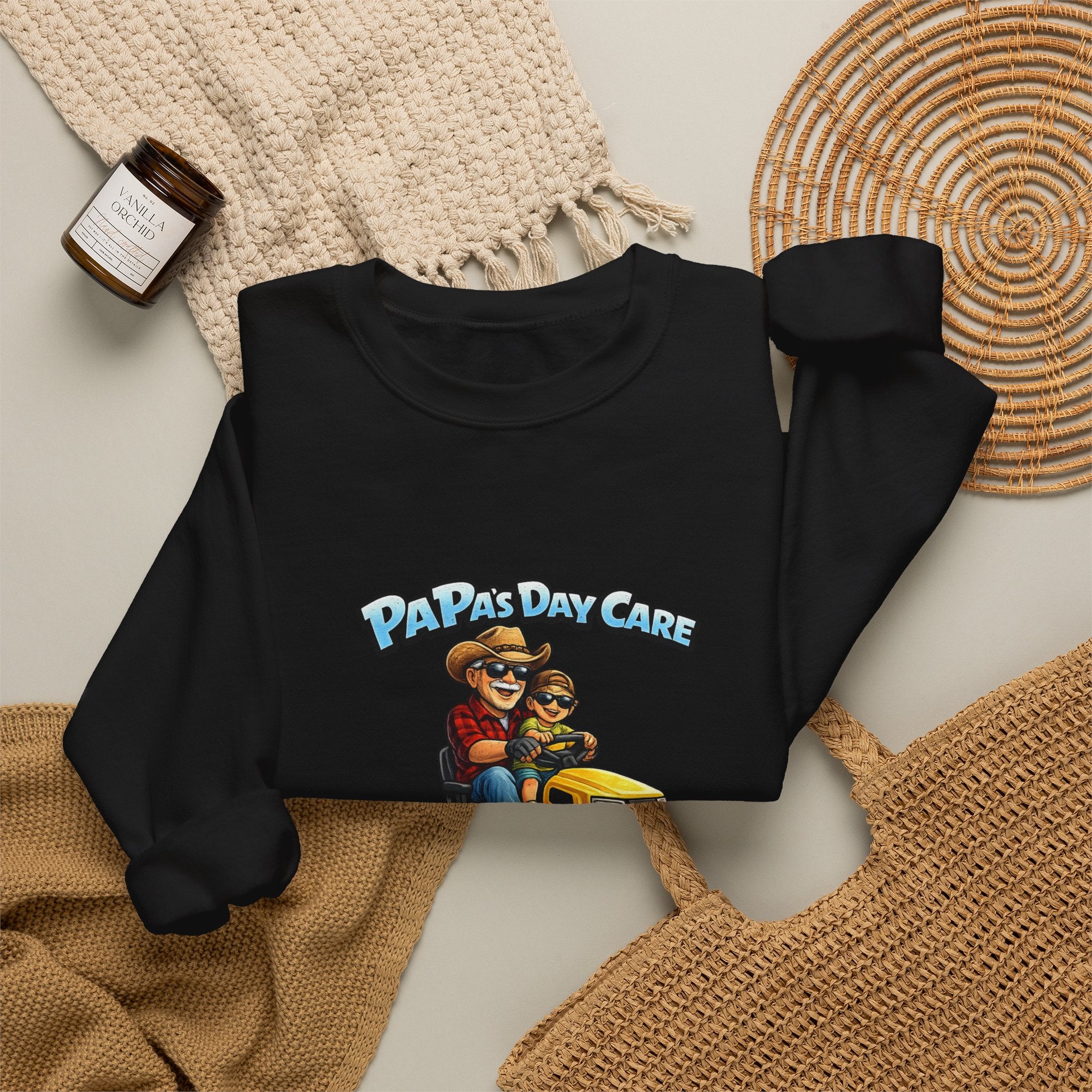 Crewneck Sweatshirt — "Papa's Daycare" Lawn Mower Dad Design, Father's Day Gift