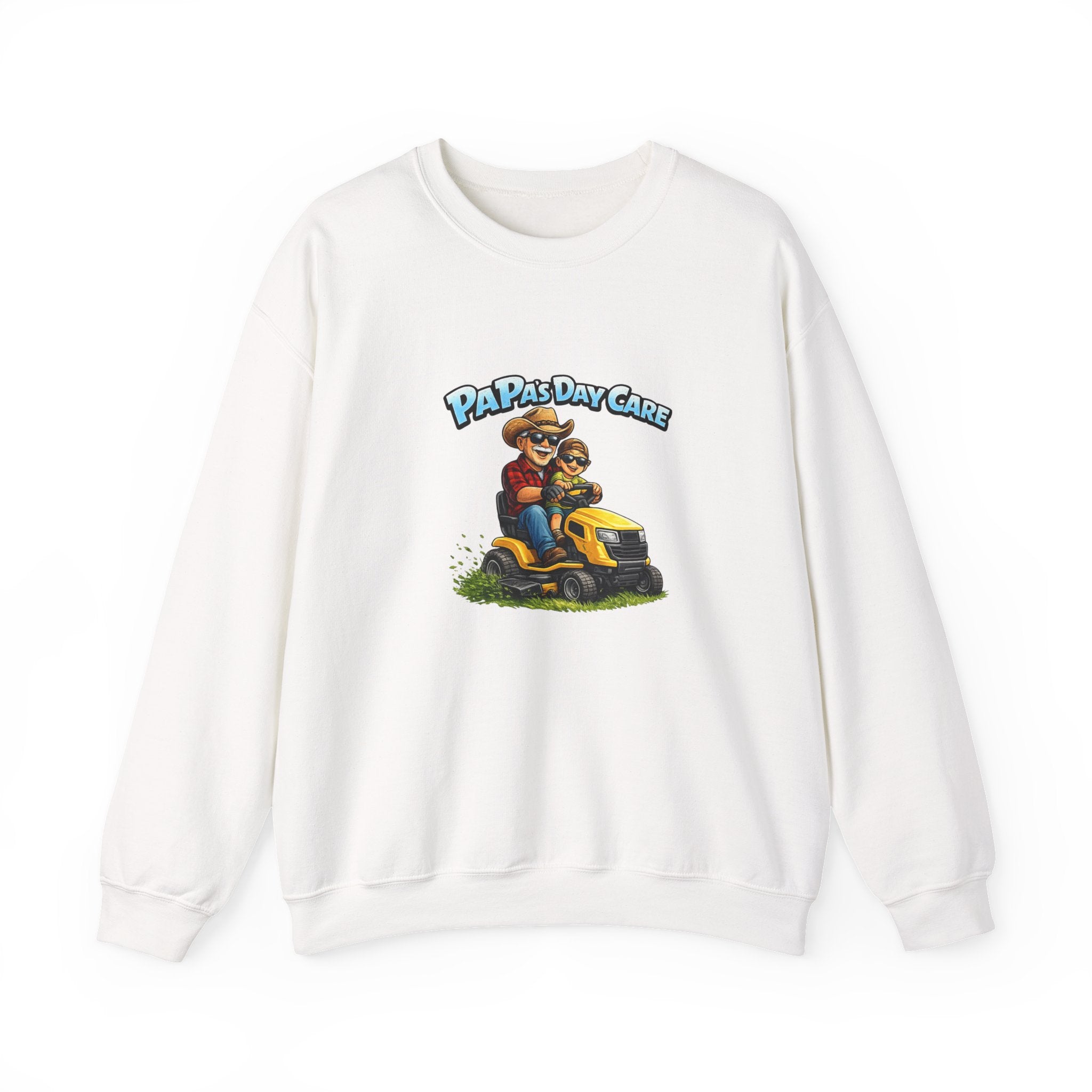 Crewneck Sweatshirt — "Papa's Daycare" Lawn Mower Dad Design, Father's Day Gift