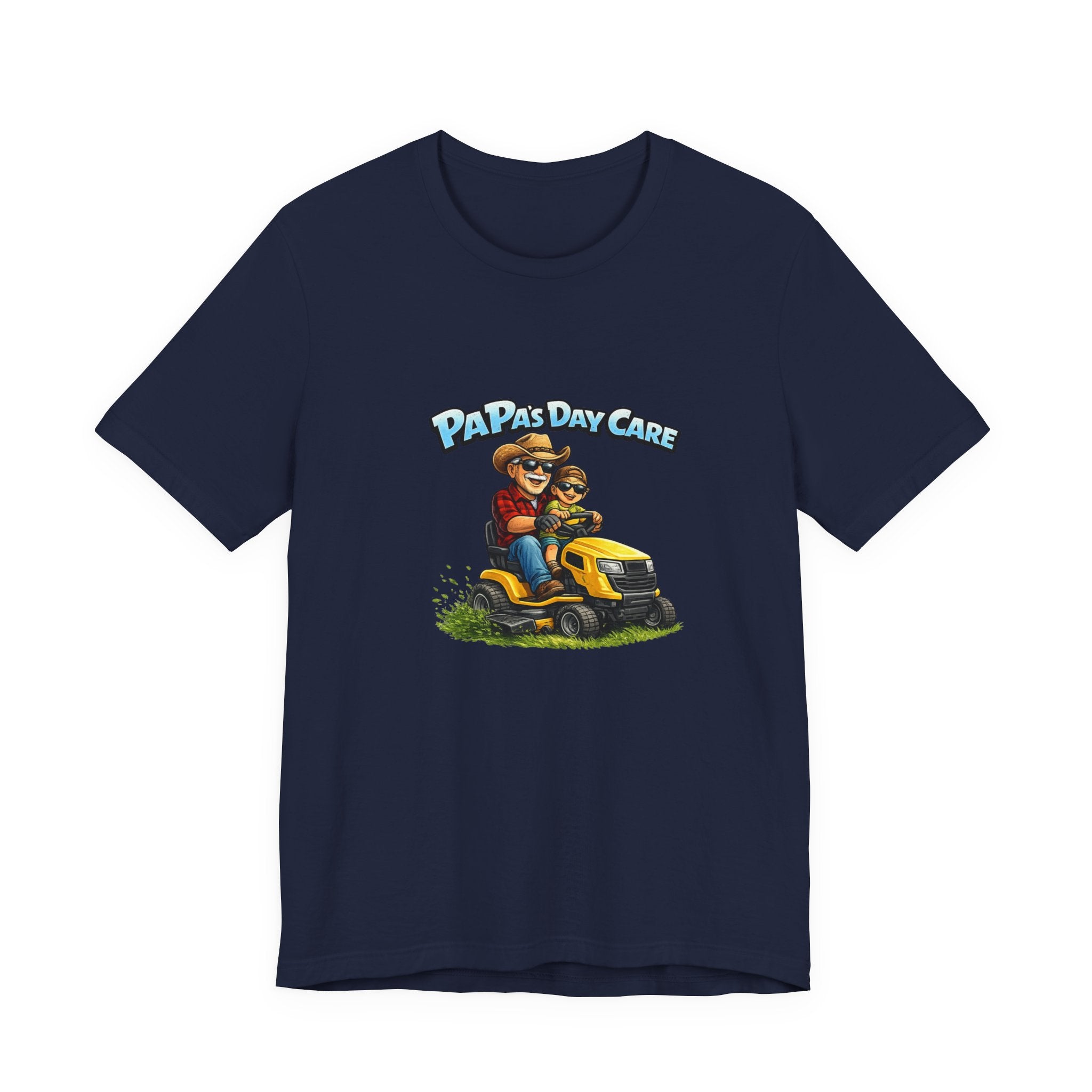 Papa's Daycare Lawn Mower T-Shirt — Funny Dad & Kid Riding Tee