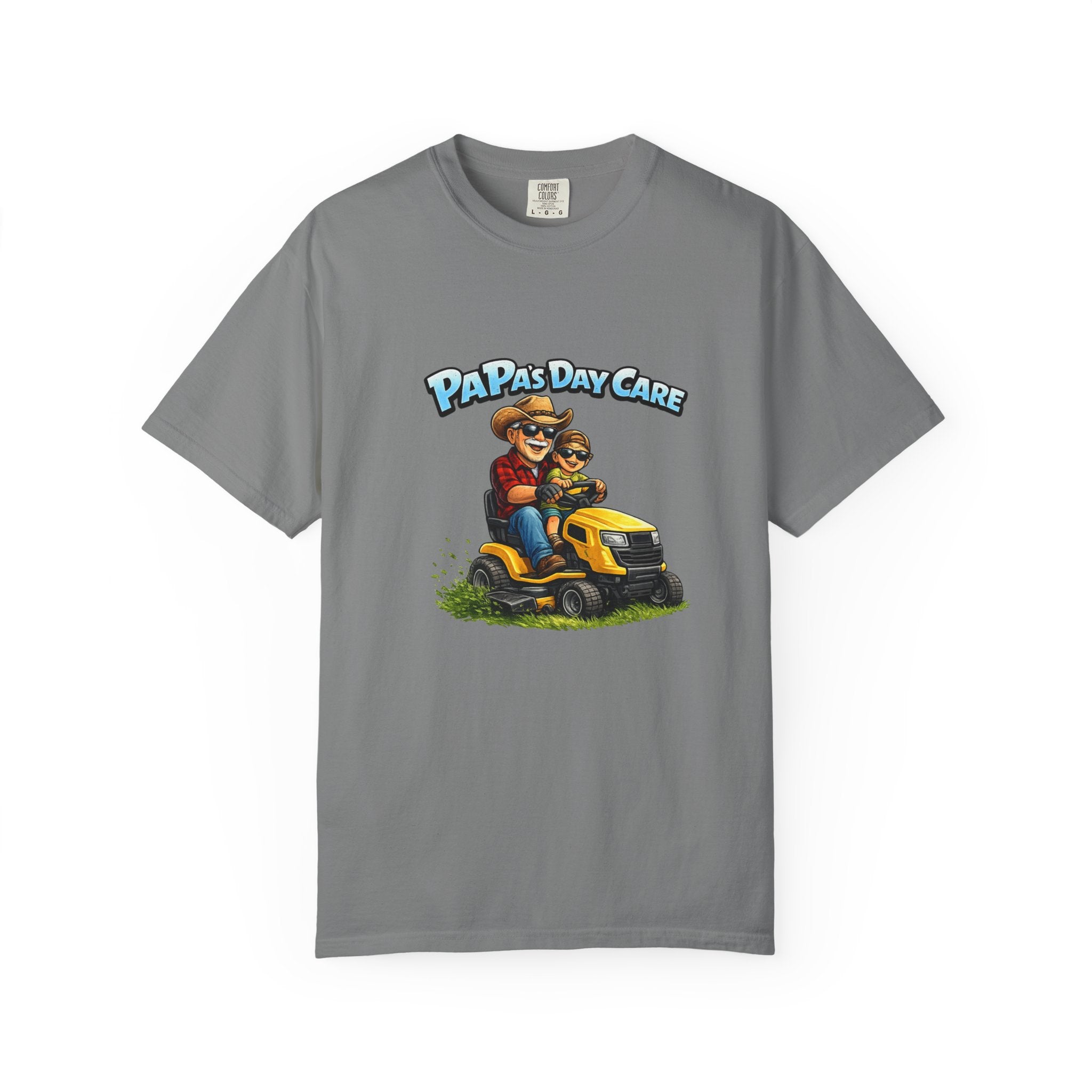 Papa's Day Care T-Shirt — Dad & Kid Riding Lawn Mower Father’s Day Tee