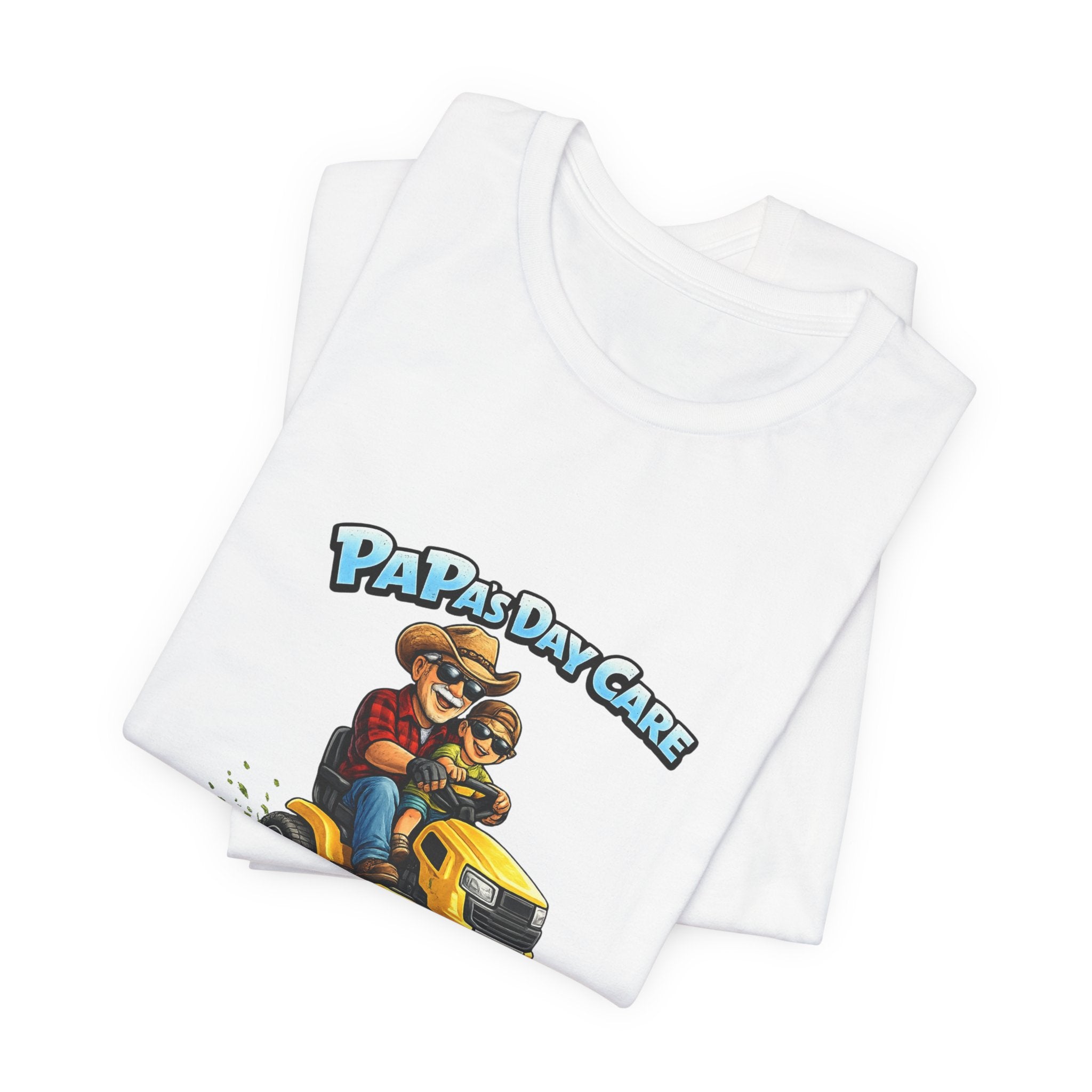 Papa's Daycare Lawn Mower T-Shirt — Funny Dad & Kid Riding Tee