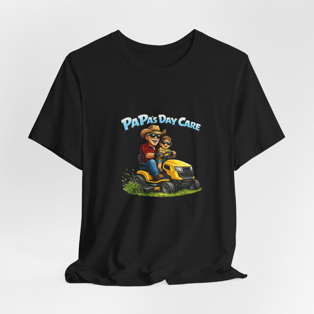 Papa's Daycare Lawn Mower T-Shirt — Funny Dad & Kid Riding Tee
