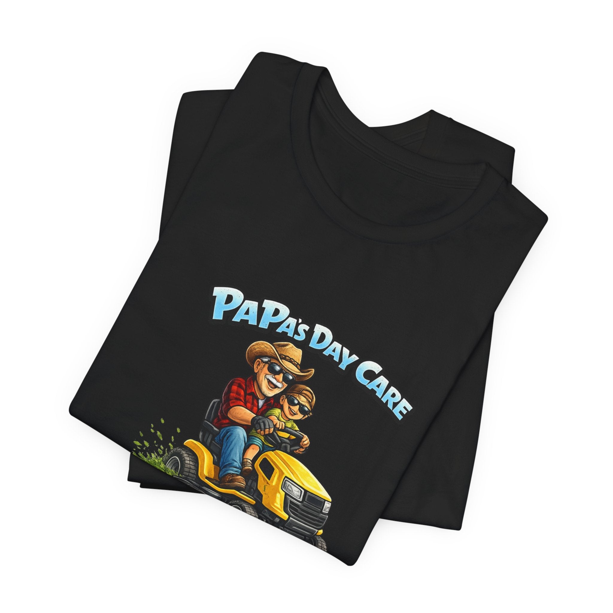Papa’s Day Care Lawn Mower Tee — Funny Father & Kid Riding Graphic T-Shirt