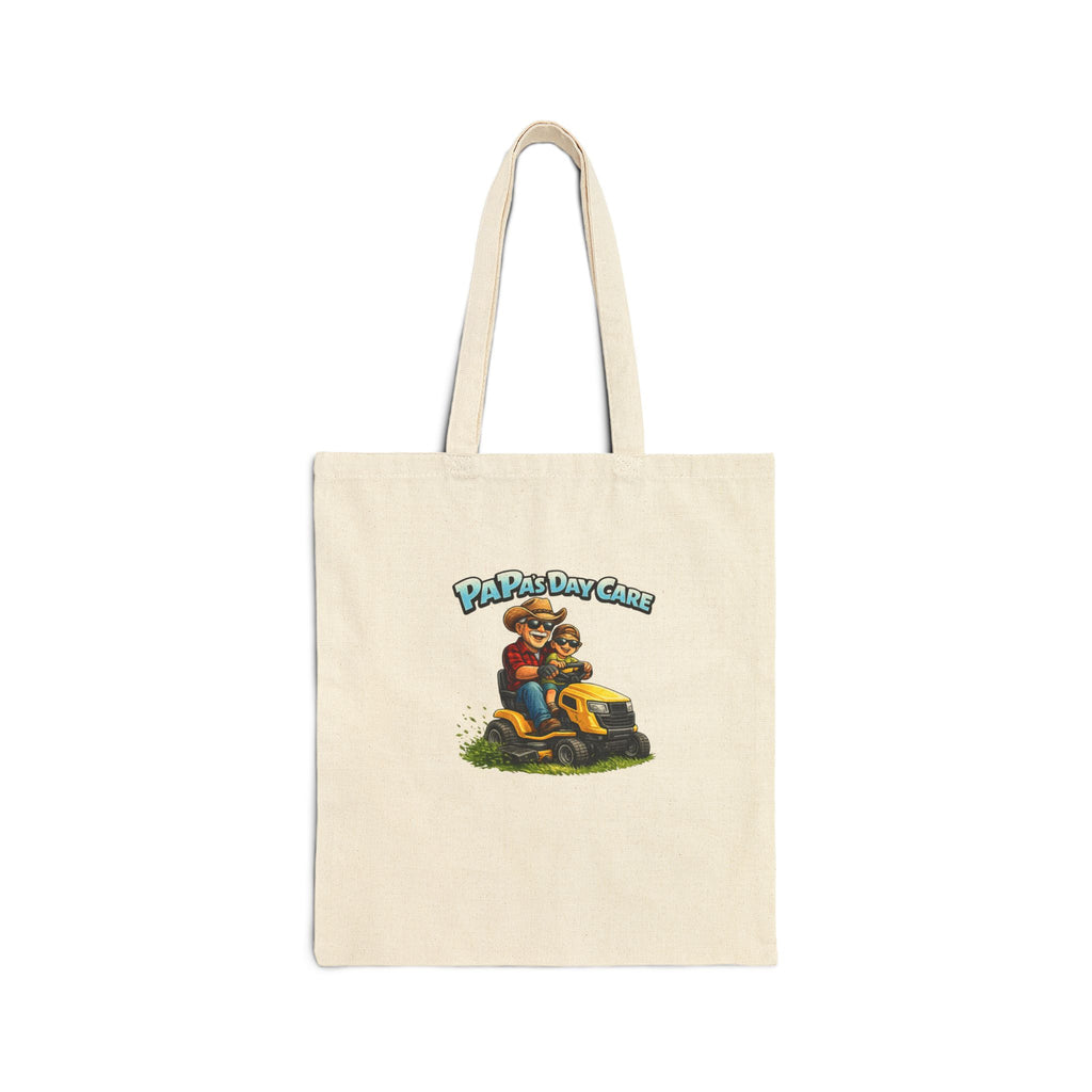 Tote Bag — "Papa's Daycare" Funny Dad Riding Lawn Mower Cotton Canvas Tote